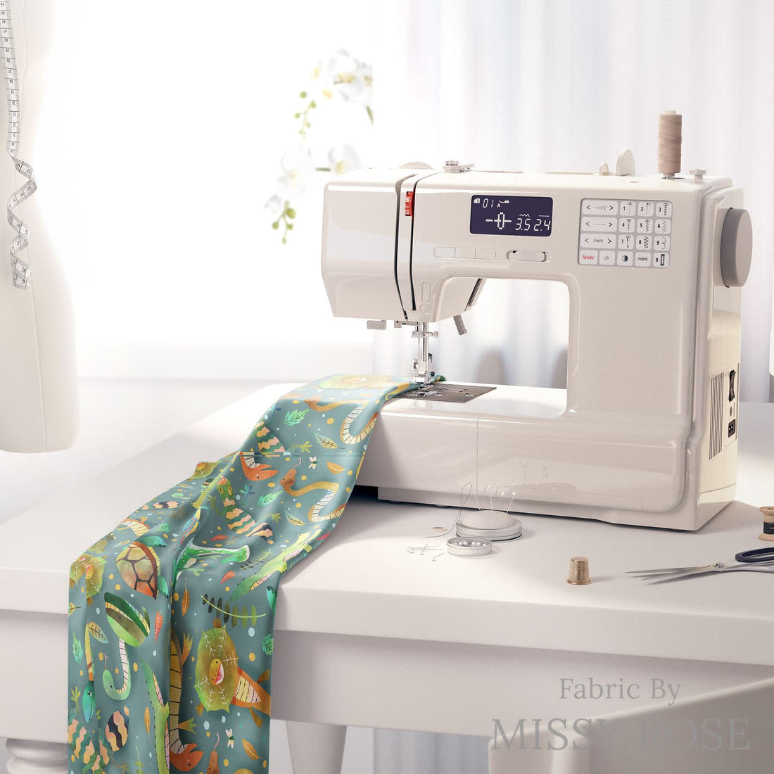 Design 674 Reptiles Fabric on a sewing machine – premium fabric for sewing projects | Fabric by Missy Rose