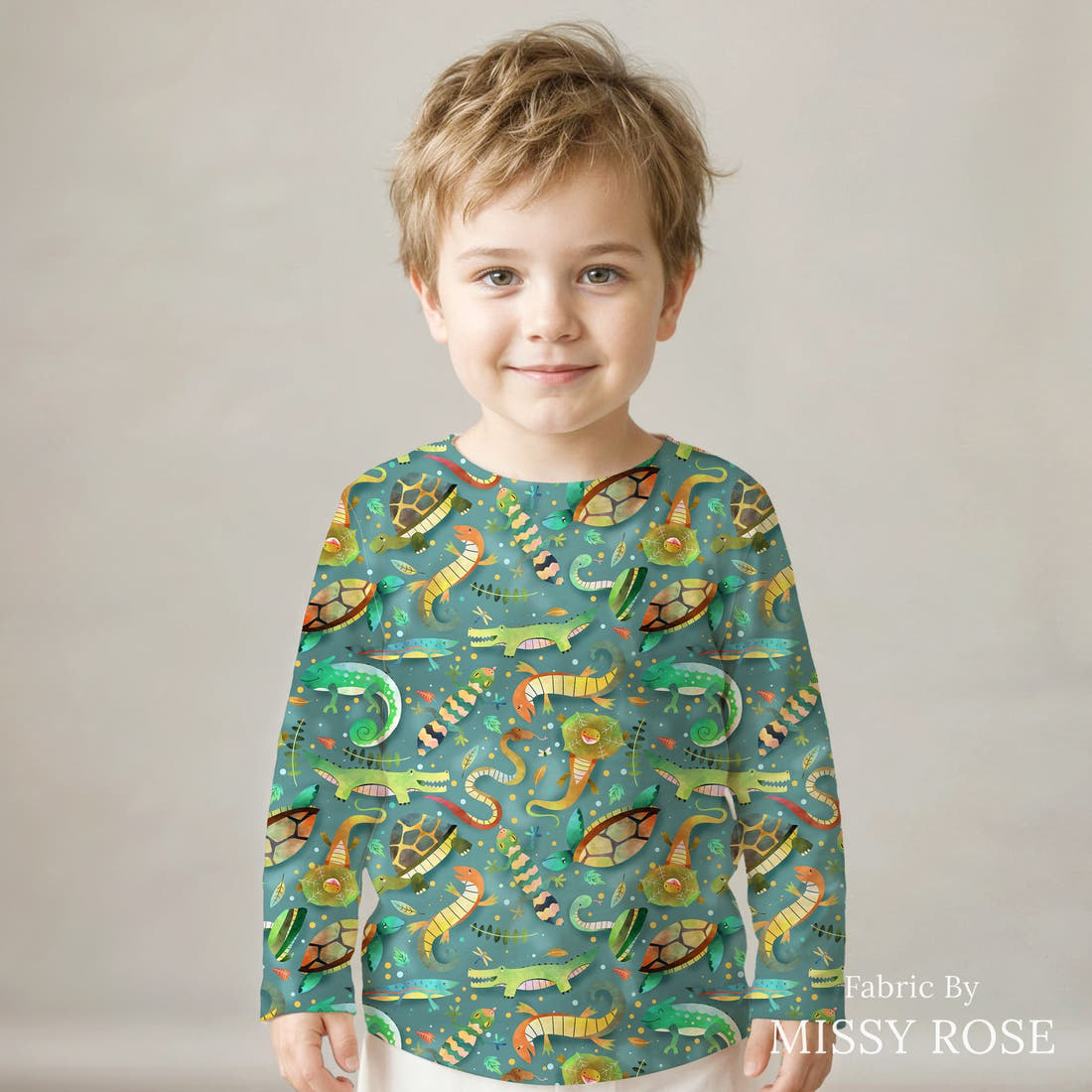 Design 674 Reptiles Fabric sewn into a kids' long sleeve top – see how the print looks made up | Fabric by Missy Rose
