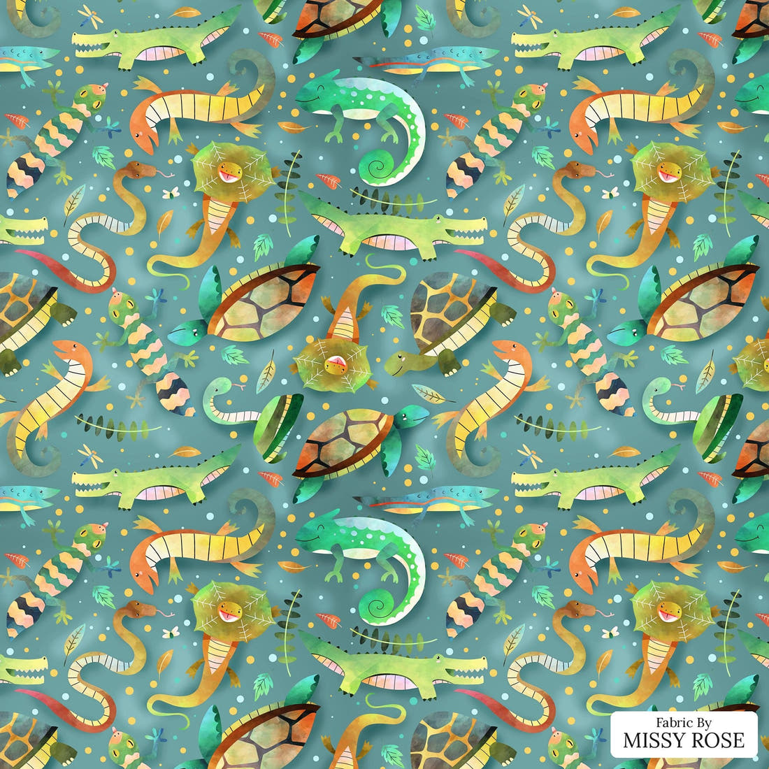 Design 674 Reptiles Fabric - flat view of the print, zoom in for detail | Fabric by Missy Rose