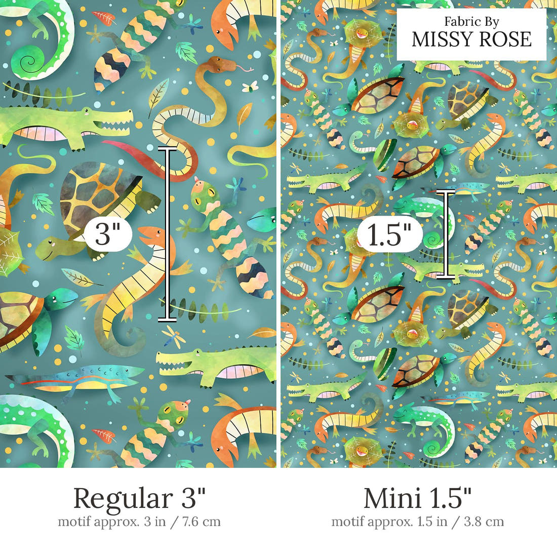 Design 674 Reptiles Fabric Regular 3 inch vs Mini 1.5 inch print scale side by side | Fabric by Missy Rose