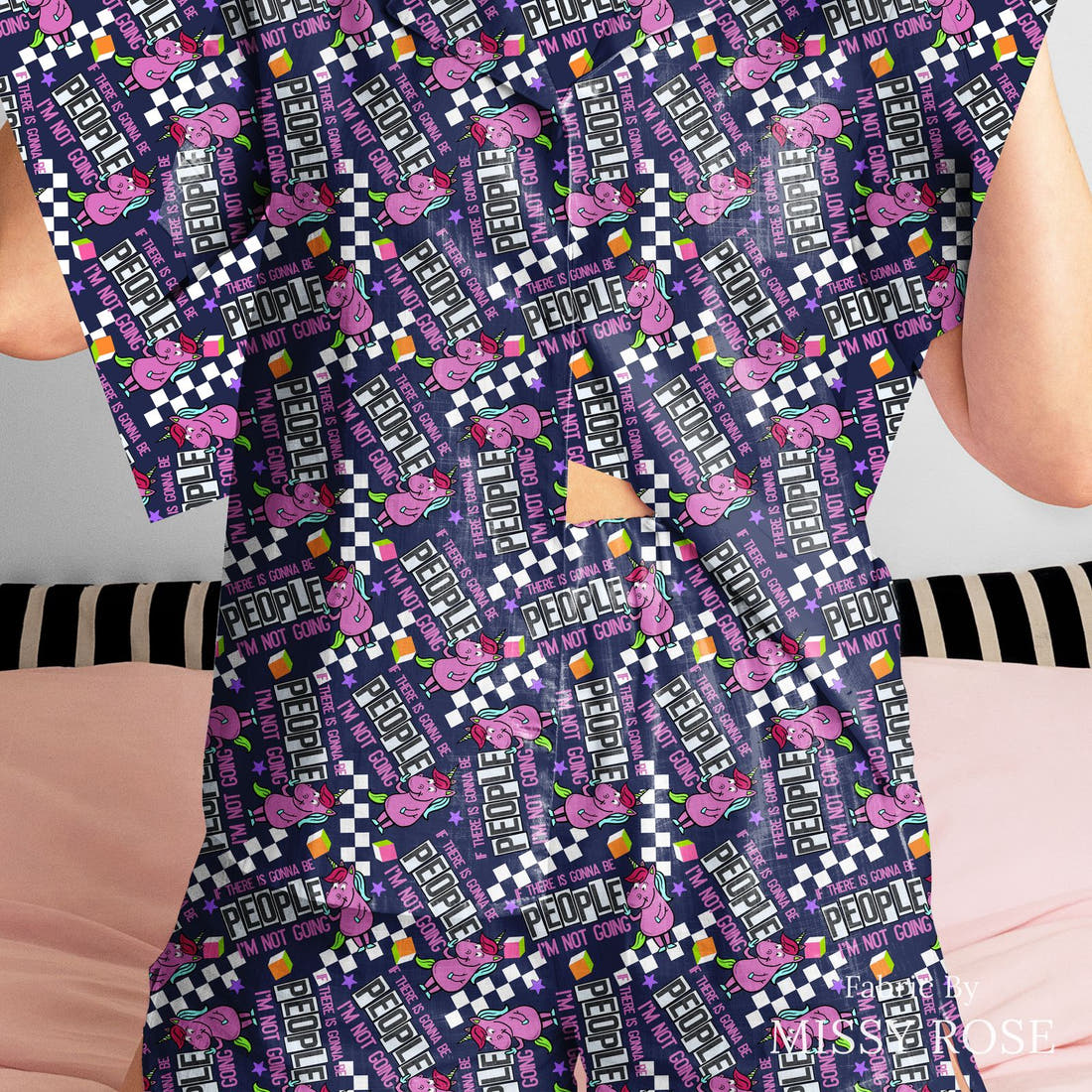 Design 675 People Fabric sewn into a women's pyjama set – see how the print looks made up | Fabric by Missy Rose