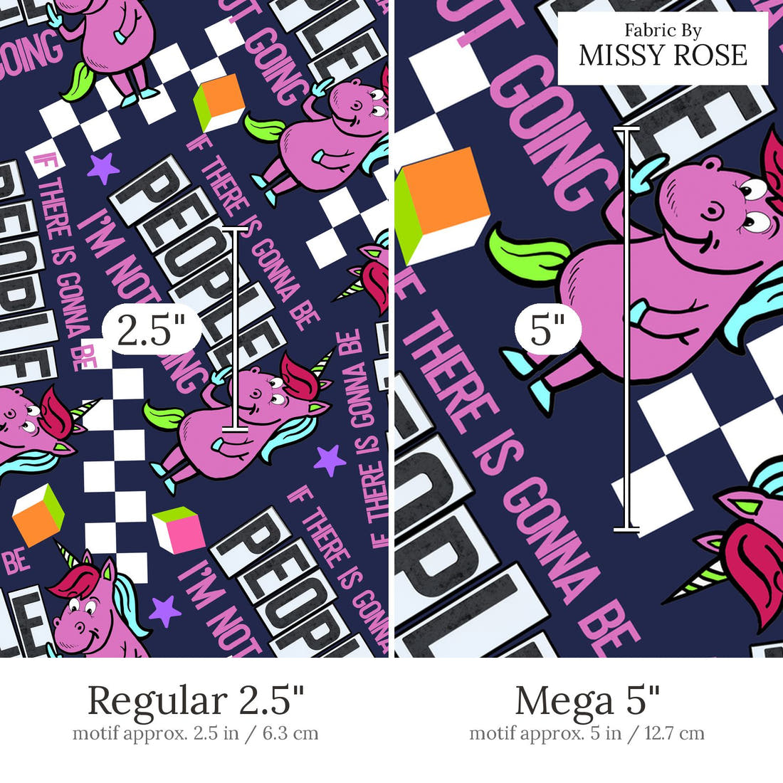 Design 675 People Fabric Regular 2.5 inch vs Mega 5 inch print scale side by side | Fabric by Missy Rose