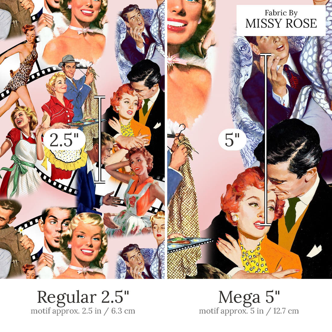 Design 676 Pin Up Fabric Regular 2.5 inch vs Mega 5 inch print scale side by side | Fabric by Missy Rose