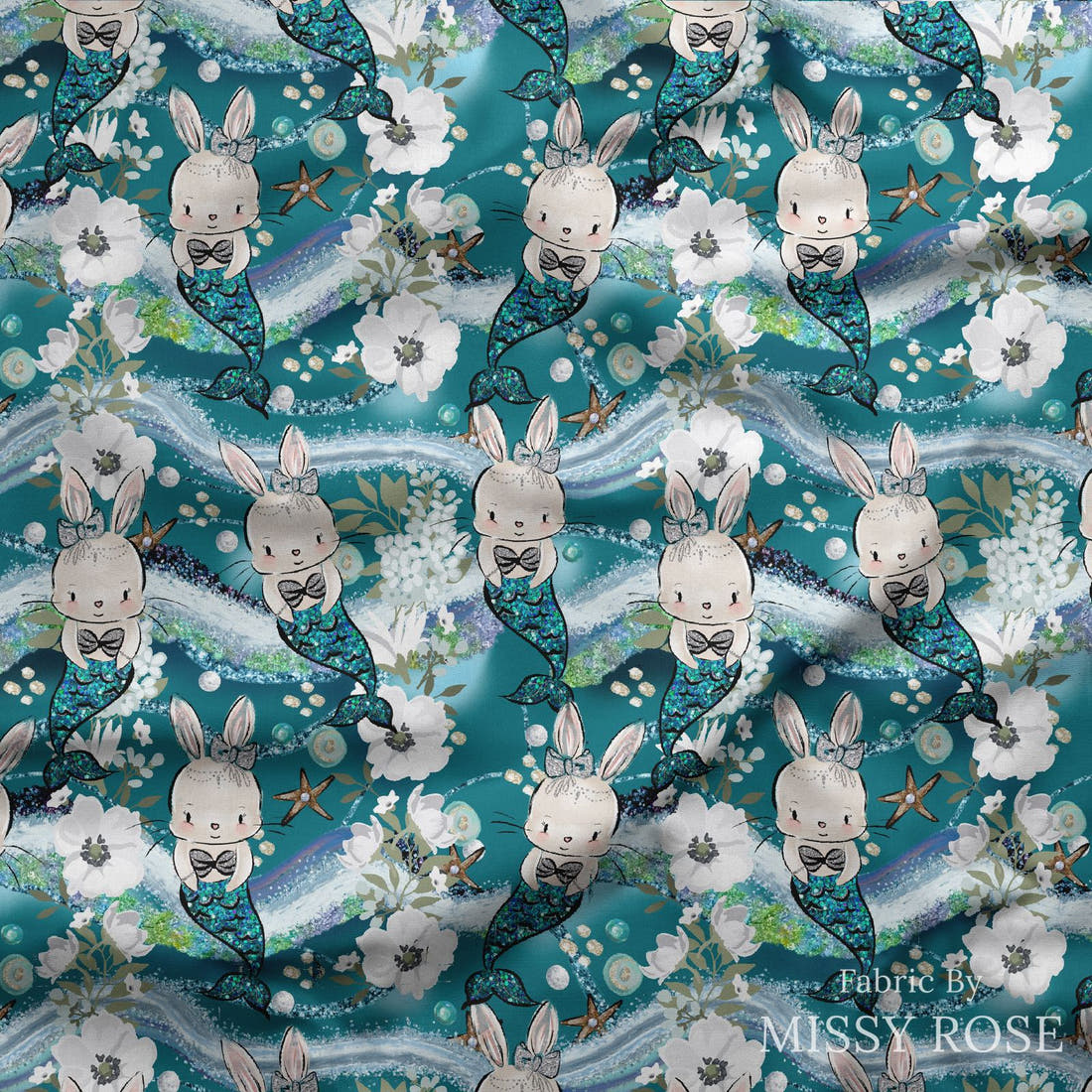 Design 677 Mermaid Bunny Fabric draped fabric mockup – custom printed fabric by the metre | Fabric by Missy Rose