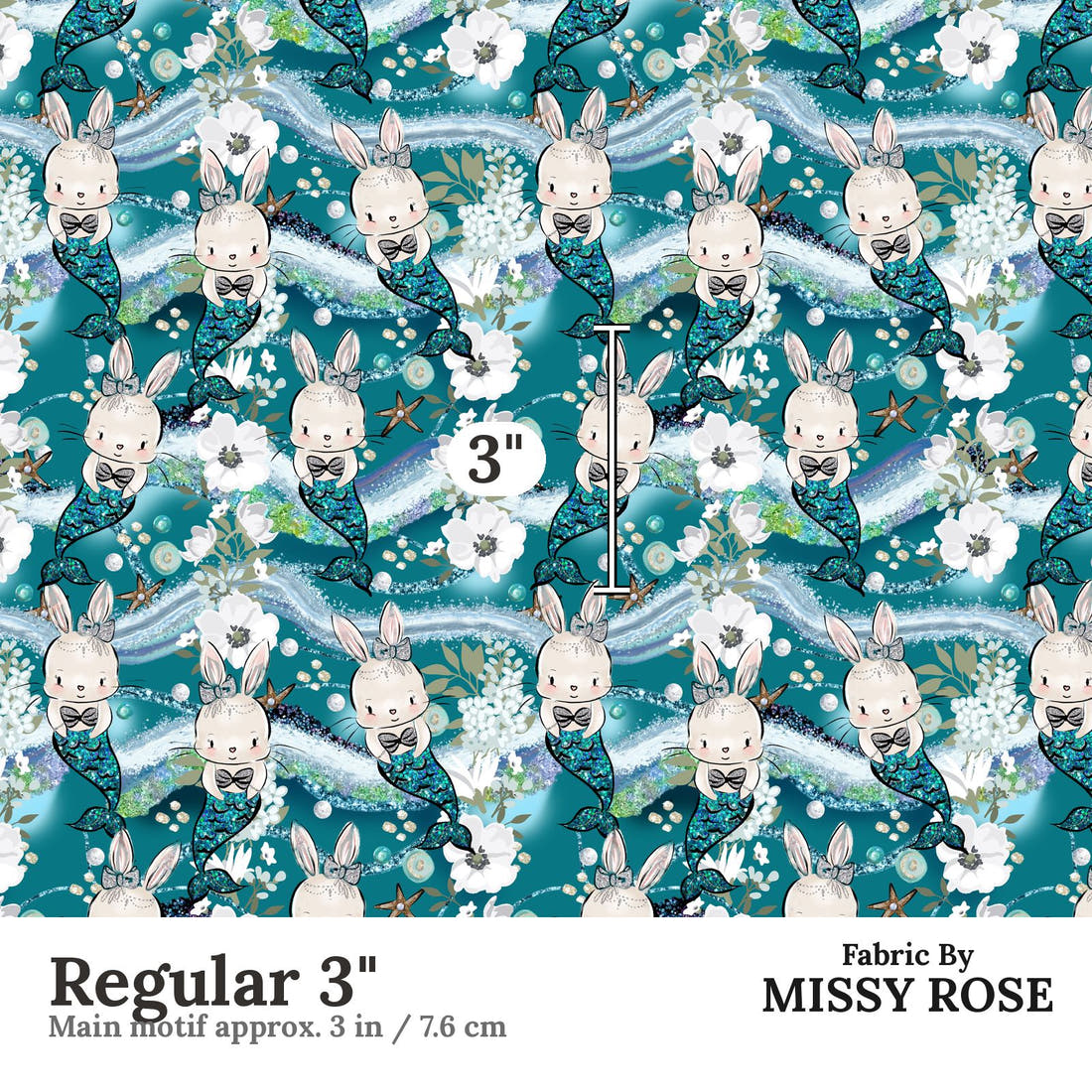 Design 677 Mermaid Bunny Fabric Regular 3" - print scale | Fabric by Missy Rose