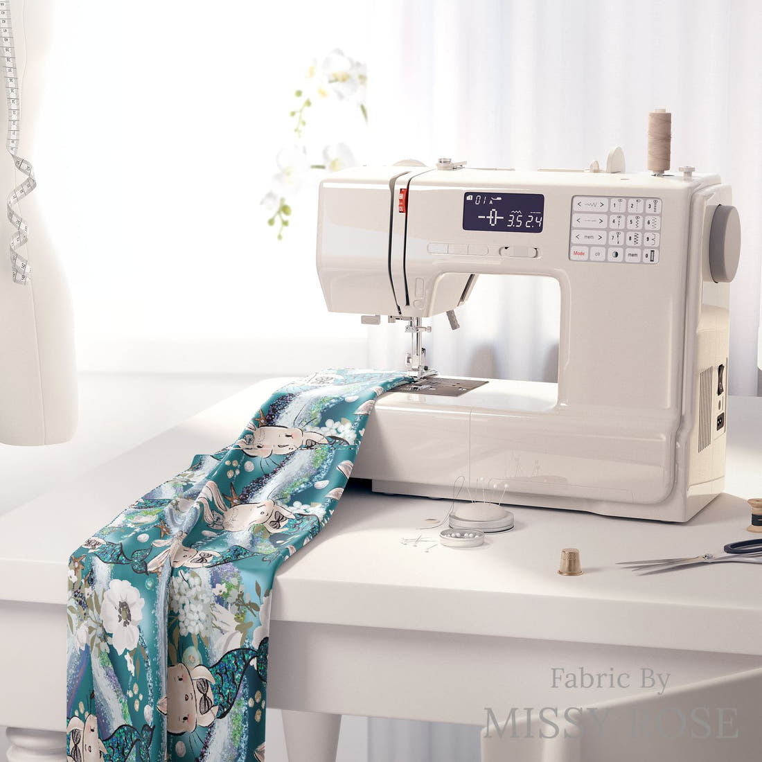 Design 677 Mermaid Bunny Fabric on a sewing machine – premium fabric for sewing projects | Fabric by Missy Rose