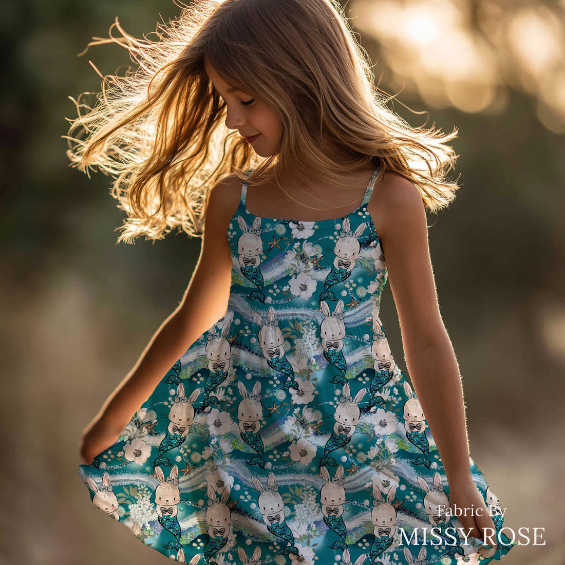 Design 677 Mermaid Bunny Fabric sewn into a girls' dress – see how the print looks made up | Fabric by Missy Rose