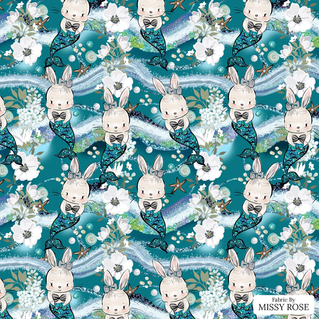 Design 677 Mermaid Bunny Fabric - flat view of the print, zoom in for detail | Fabric by Missy Rose