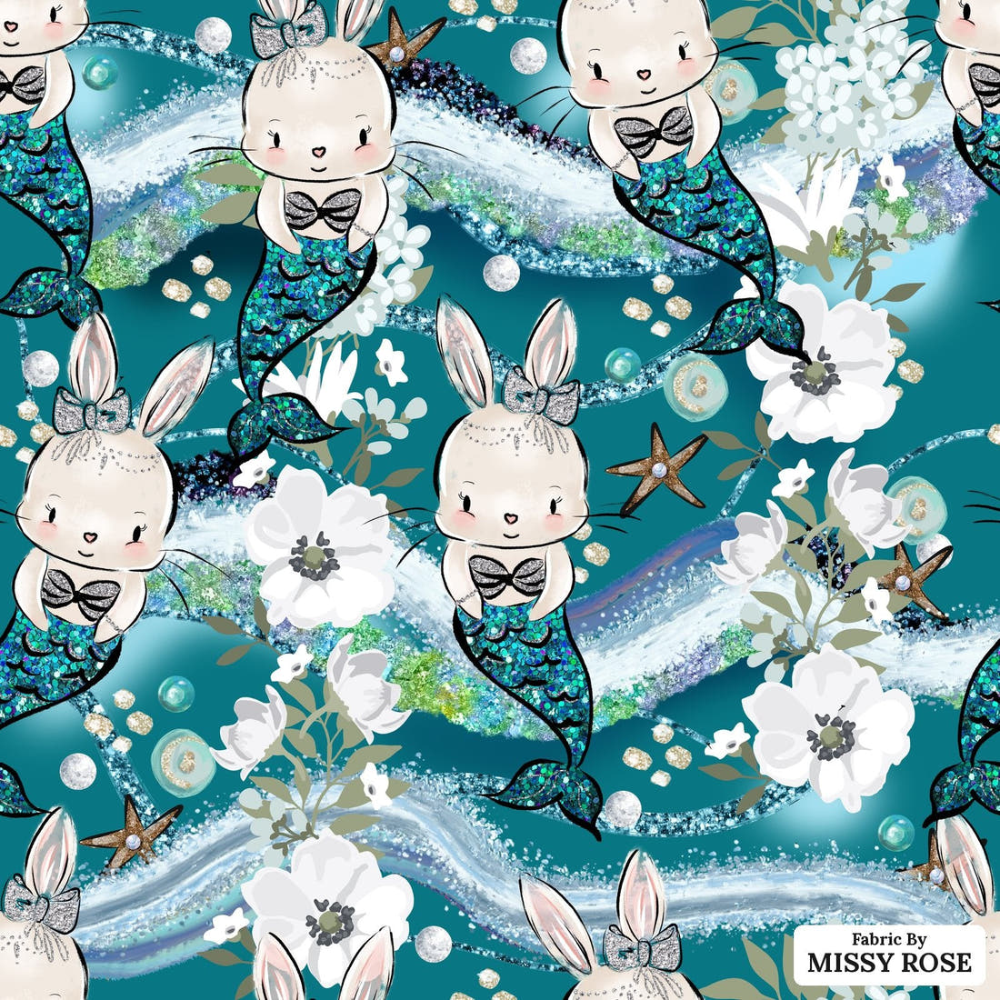 Design 677 Mermaid Bunny Fabric - flat view of the print, zoom in for detail | Fabric by Missy Rose