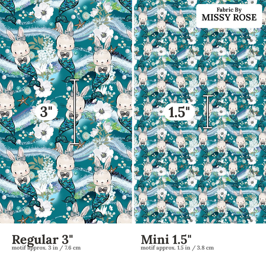 Design 677 Mermaid Bunny Fabric size comparison - print scale | Fabric by Missy Rose