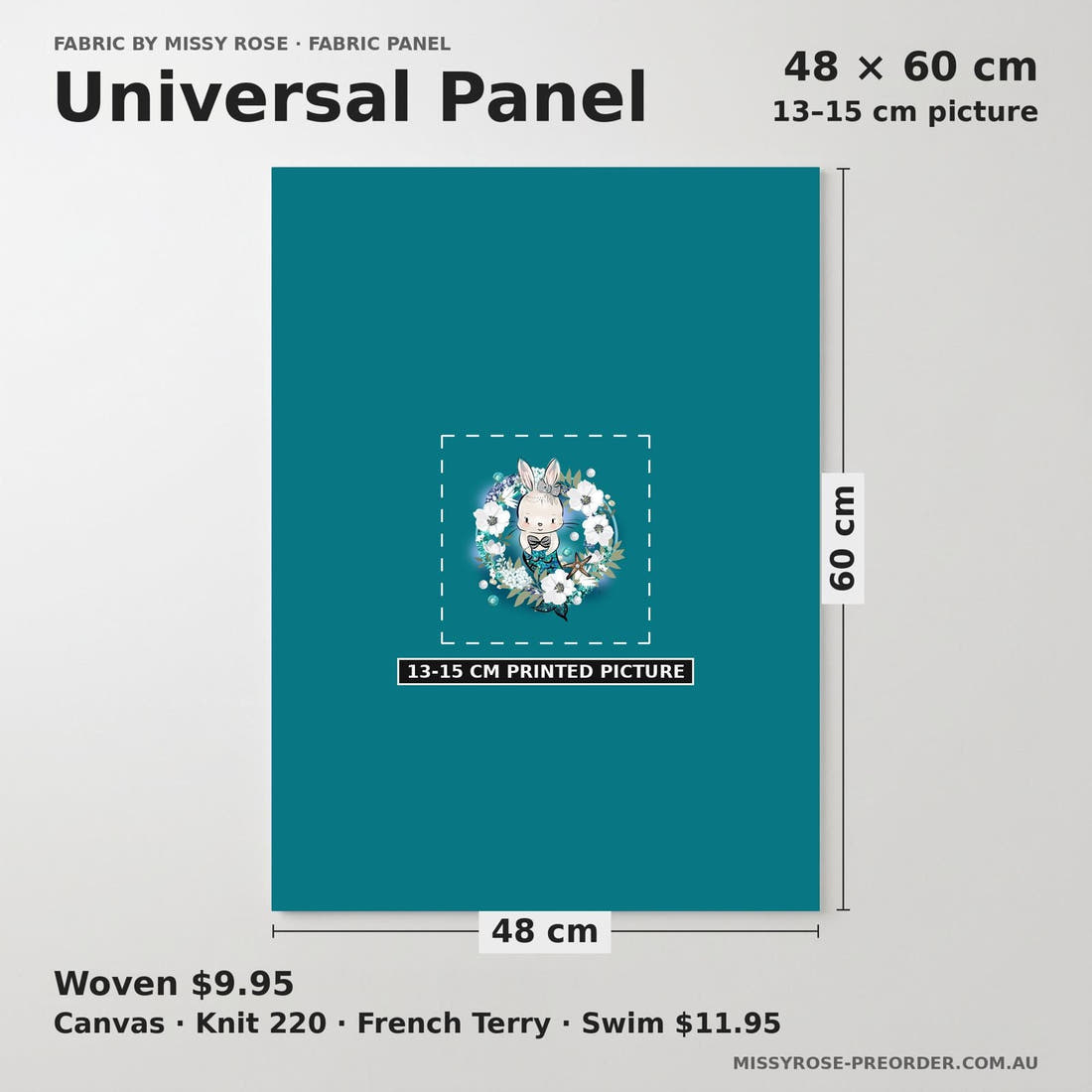 Design 677 Mermaid Bunny Panel universal panel sizing – 13–15 cm printed picture on 48 × 60 cm fabric | Fabric by Missy Rose