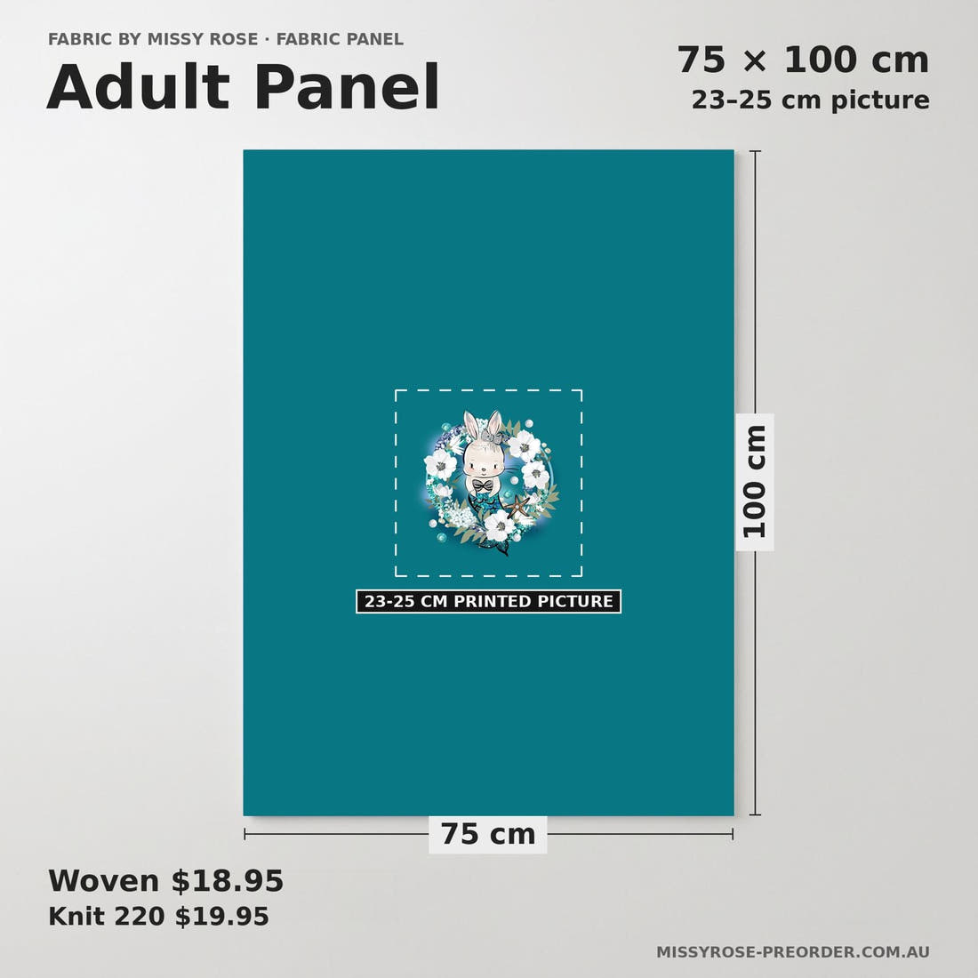 Design 677 Mermaid Bunny Panel adult panel sizing – 23–25 cm printed picture on 75 × 100 cm fabric | Fabric by Missy Rose