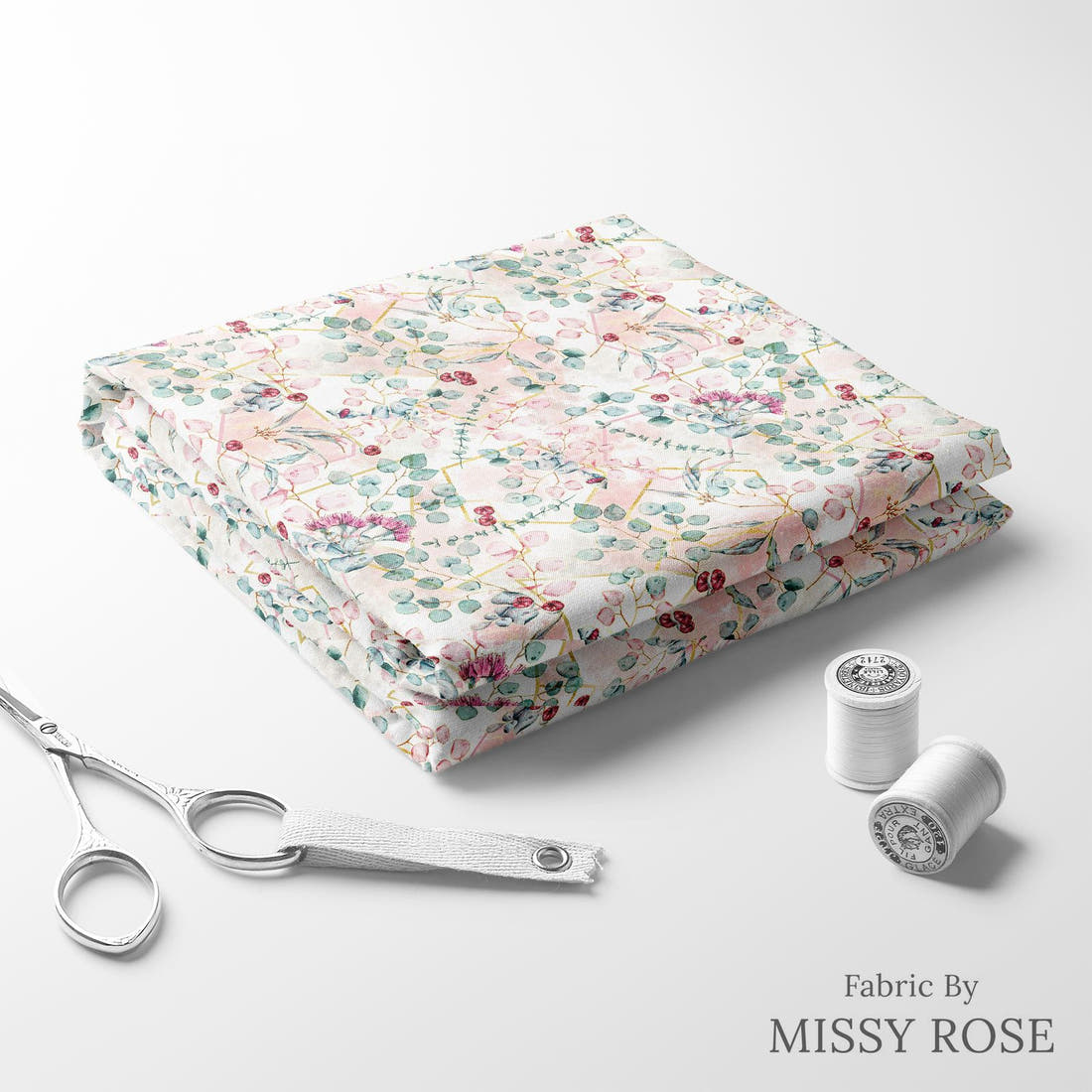 Design 678 Geometric Euclyptus Fabric folded fabric stack with matching thread – pre-order fabric Australia | Fabric by Missy Rose