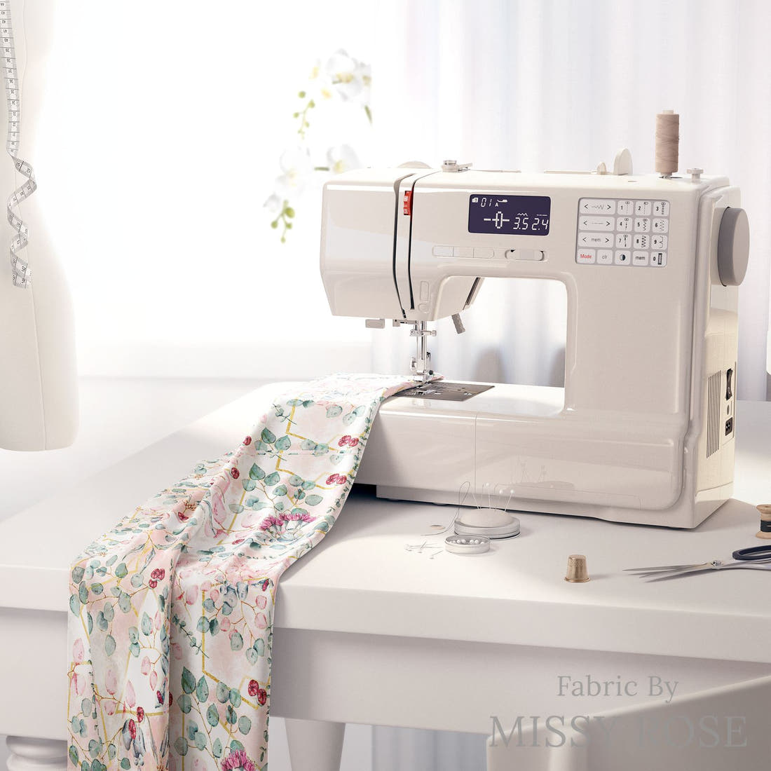 Design 678 Geometric Euclyptus Fabric on a sewing machine – premium fabric for sewing projects | Fabric by Missy Rose
