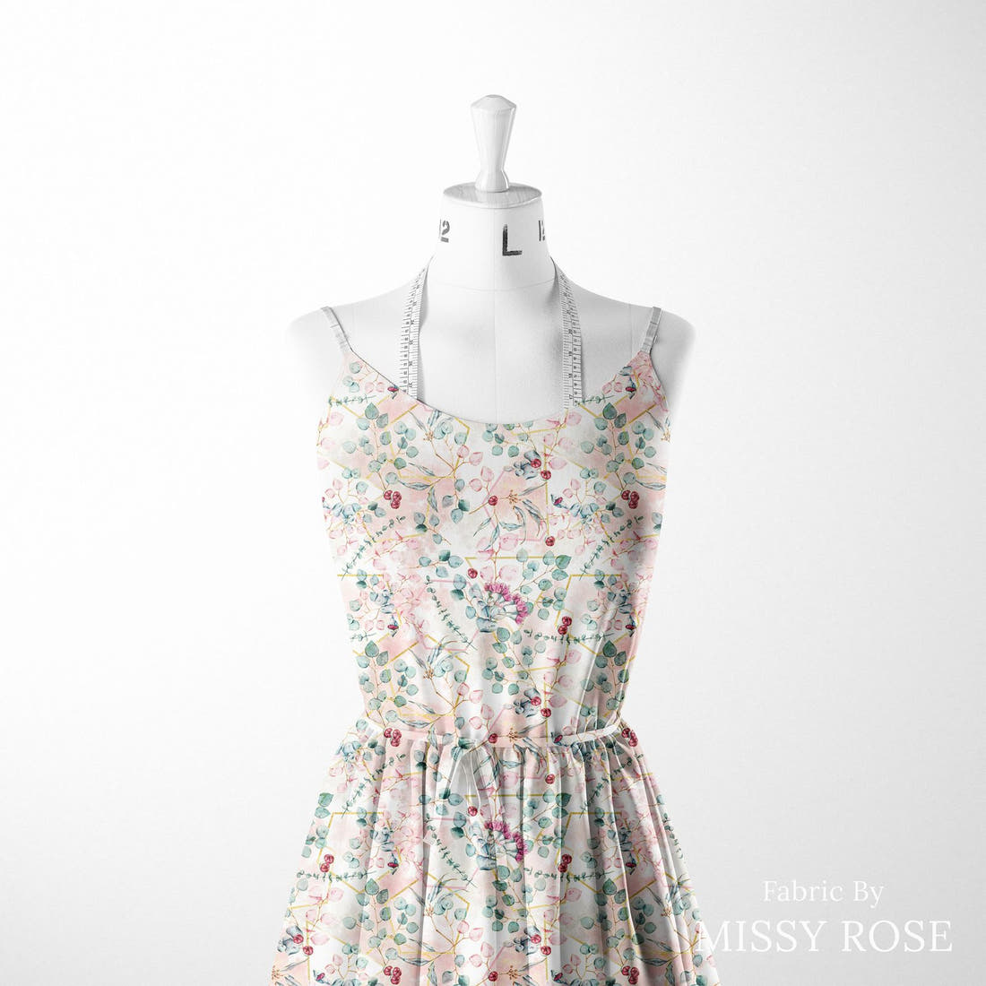 Design 678 Geometric Euclyptus Fabric sewn into a women's dress – see how the print looks made up | Fabric by Missy Rose