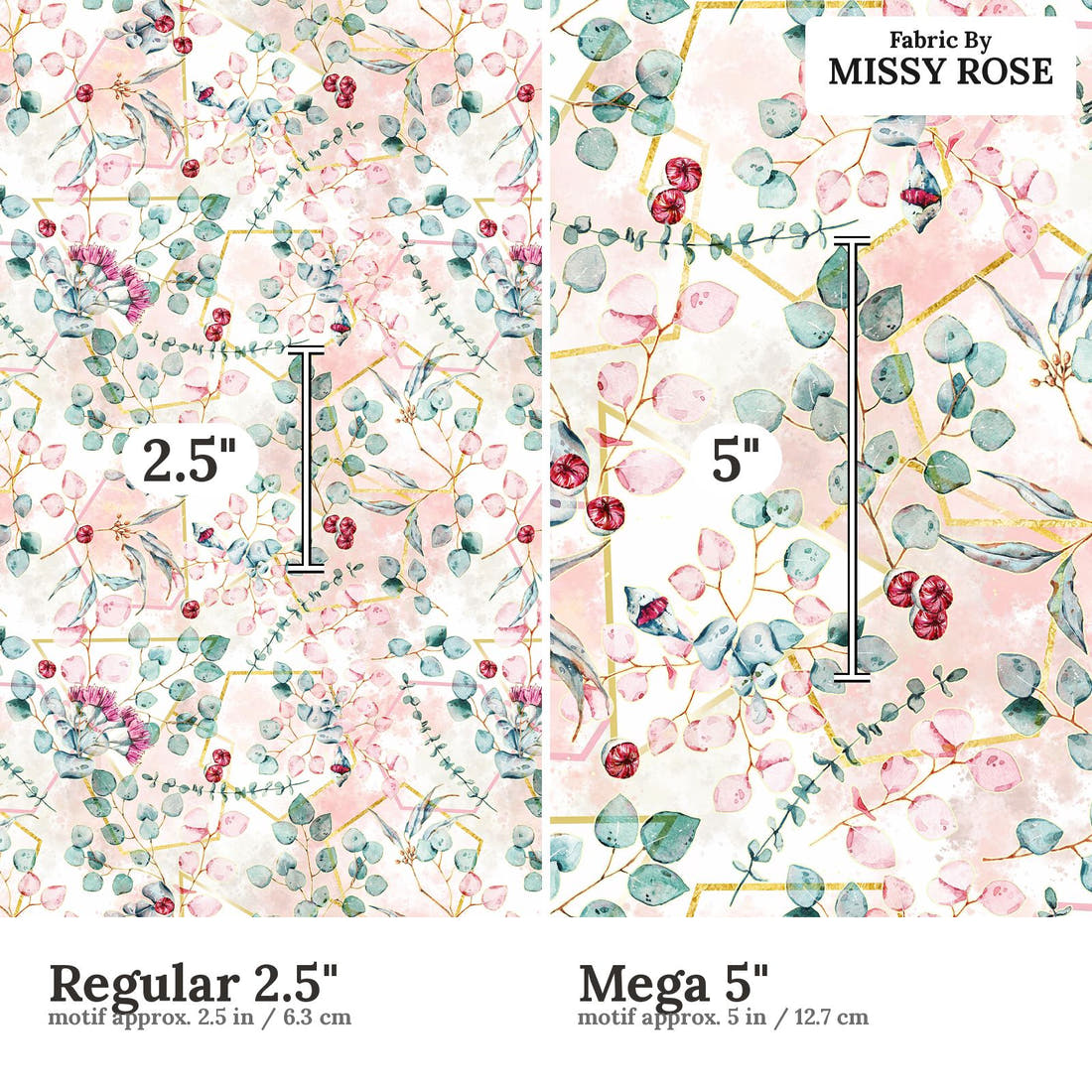 Design 678 Geometric Eucalyptus Fabric size comparison - print scale | Fabric by Missy Rose