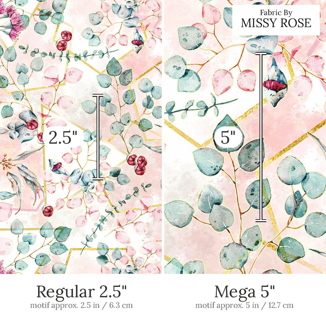 Design 678 Geometric Euclyptus Fabric Regular 2.5 inch vs Mega 5 inch print scale side by side | Fabric by Missy Rose