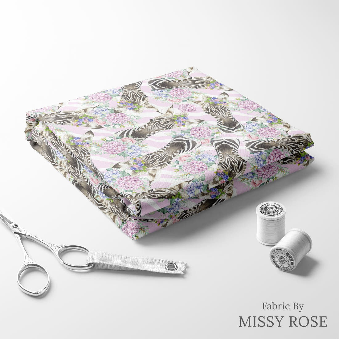 Design 679 Cute Zebra Fabric folded fabric stack with matching thread – pre-order fabric Australia | Fabric by Missy Rose