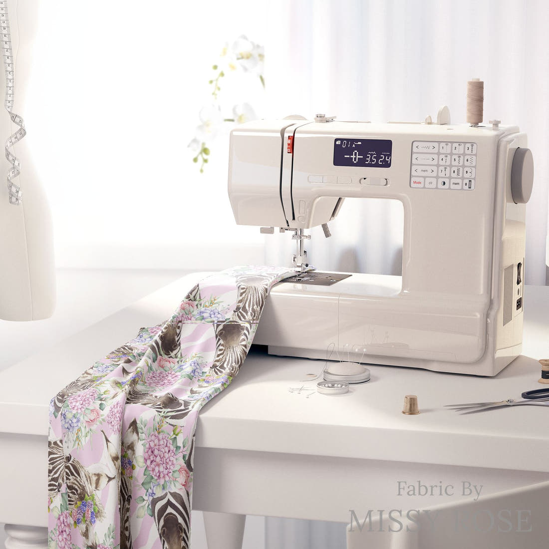 Design 679 Cute Zebra Fabric on a sewing machine – premium fabric for sewing projects | Fabric by Missy Rose