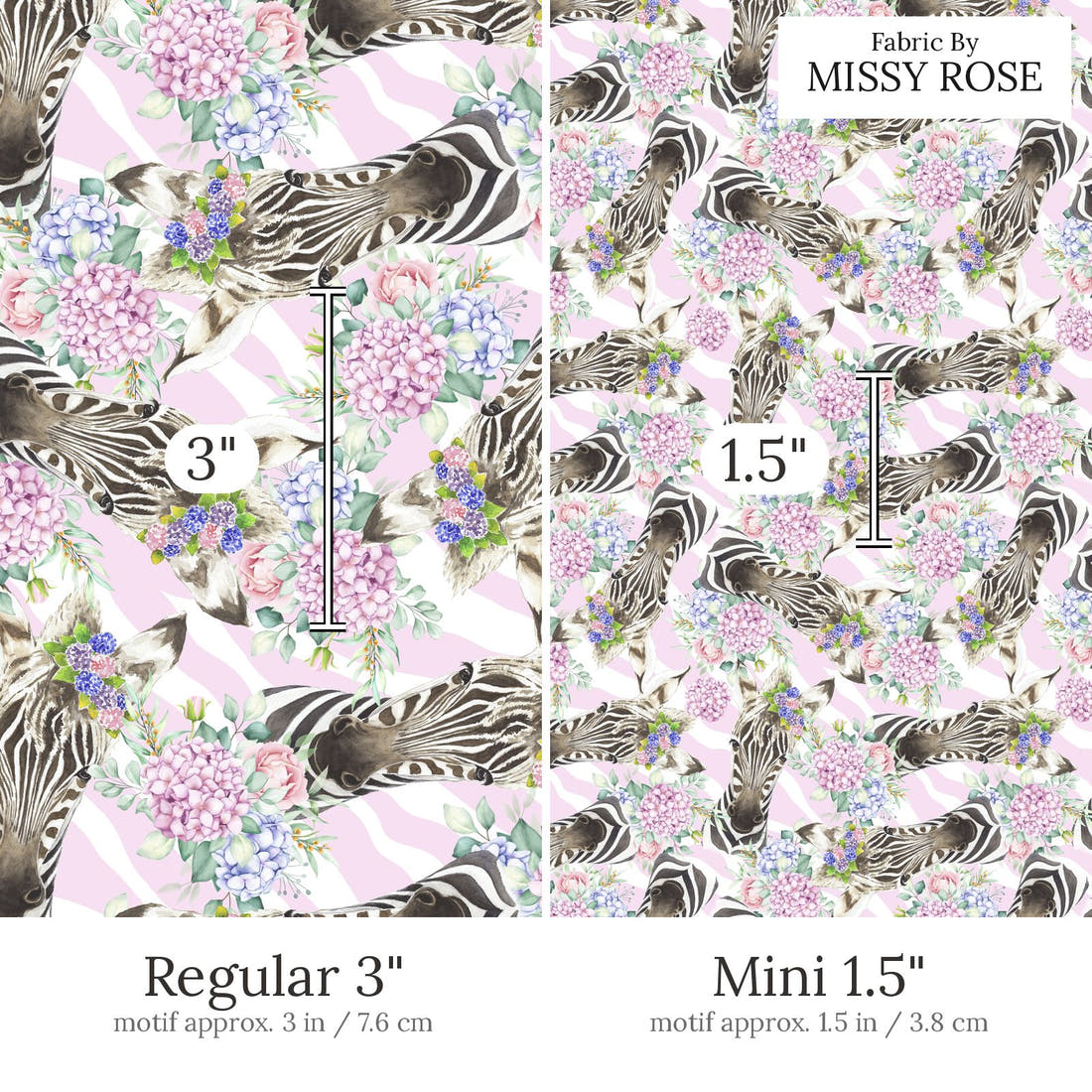 Design 679 Cute Zebra Fabric Regular 3 inch vs Mini 1.5 inch print scale side by side | Fabric by Missy Rose