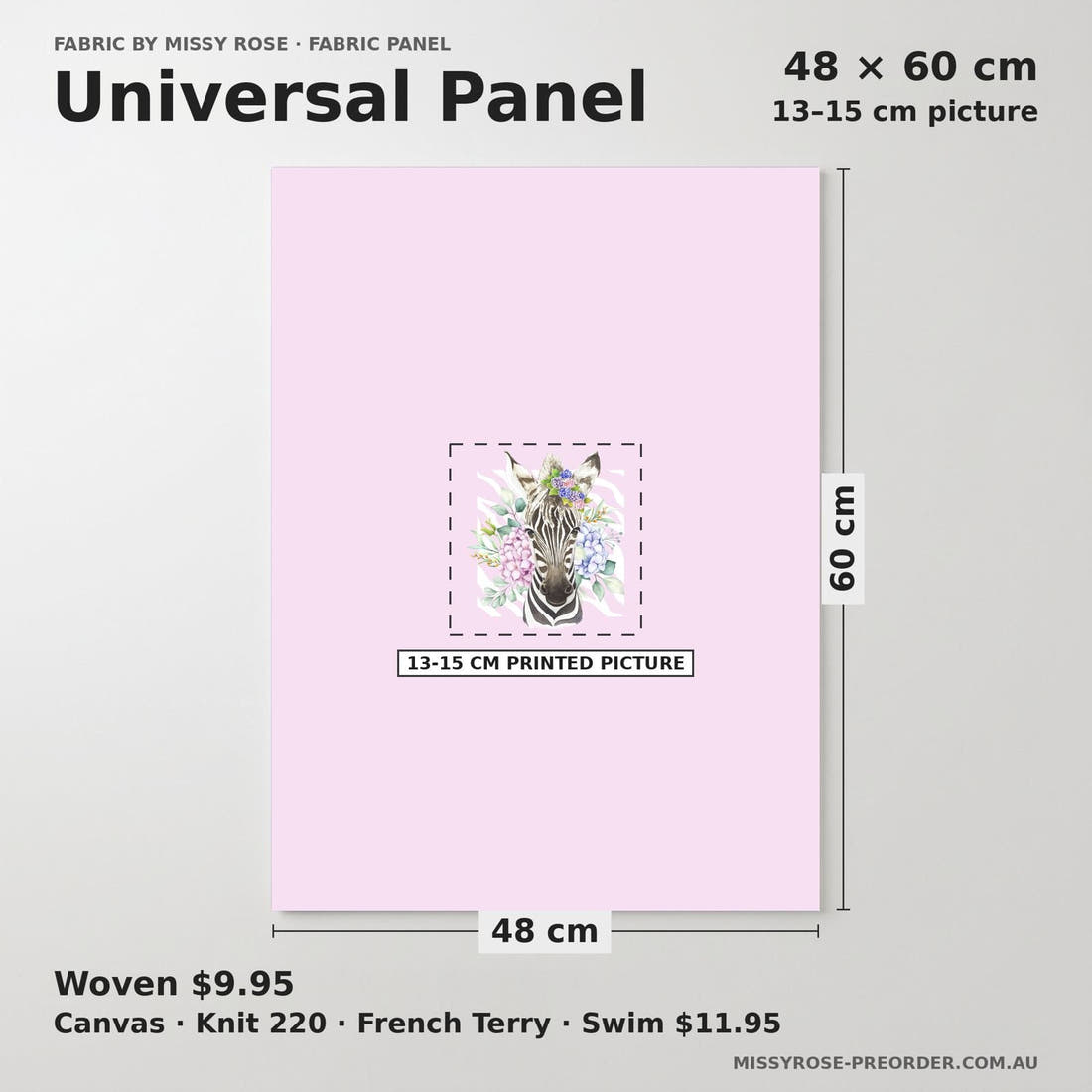 Design 679 Cute Zebra Panel universal panel sizing – 13–15 cm printed picture on 48 × 60 cm fabric | Fabric by Missy Rose