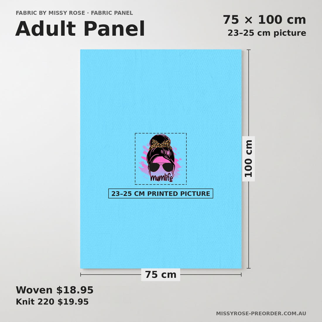 Design 68 Mumlife Panel adult panel sizing – 23–25 cm printed picture on 75 × 100 cm fabric | Fabric by Missy Rose