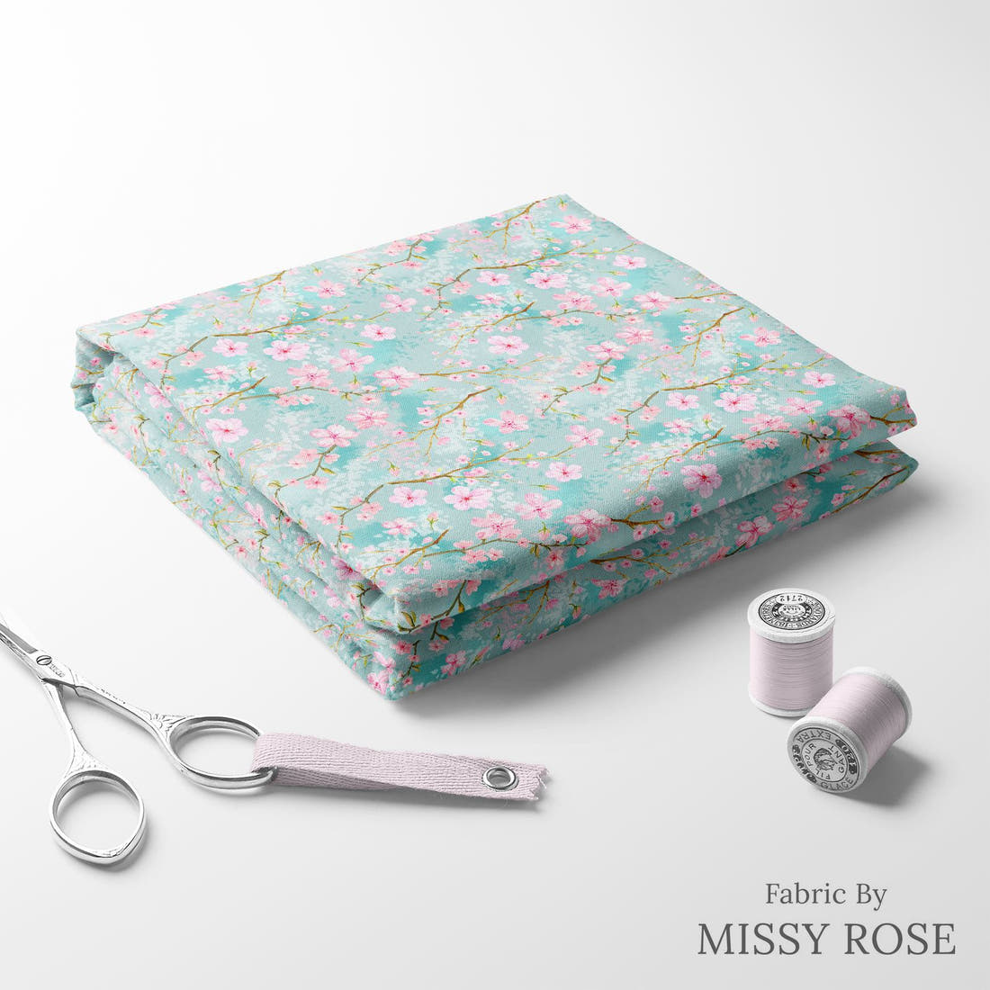 Design 680 Cherry Blossom Fabric folded fabric stack with matching thread – pre-order fabric Australia | Fabric by Missy Rose