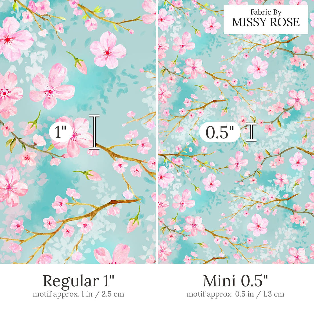 Design 680 Cherry Blossom Fabric Regular 1 inch vs Mini 0.5 inch print scale side by side | Fabric by Missy Rose