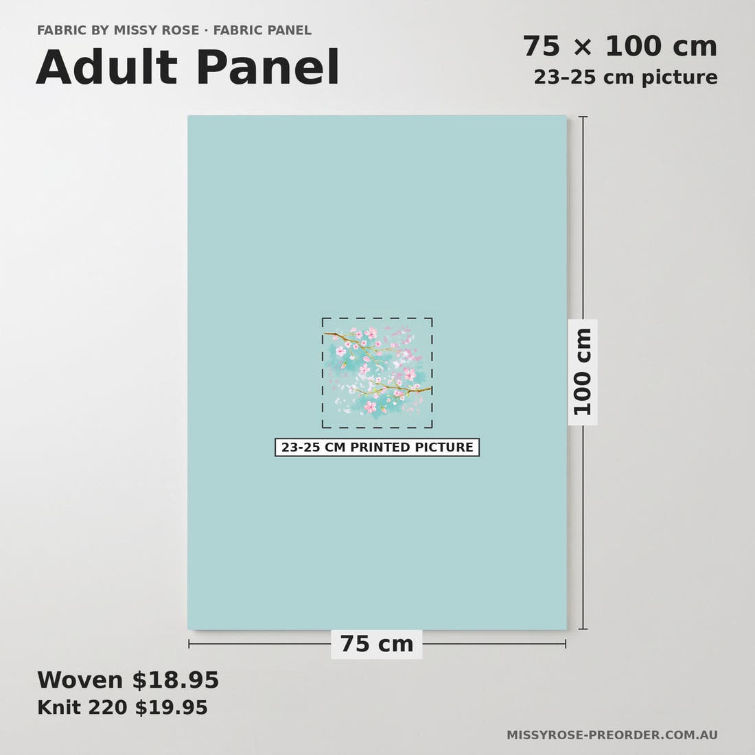 Design 680 Cherry Blossom Panel adult panel sizing – 23–25 cm printed picture on 75 × 100 cm fabric | Fabric by Missy Rose
