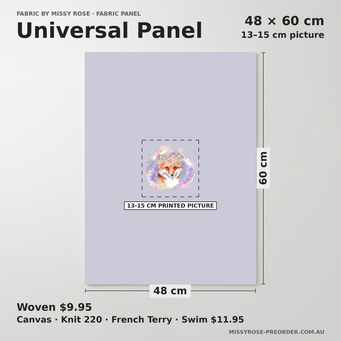 Design 681 Purple Fox Panel universal panel sizing – 13–15 cm printed picture on 48 × 60 cm fabric | Fabric by Missy Rose