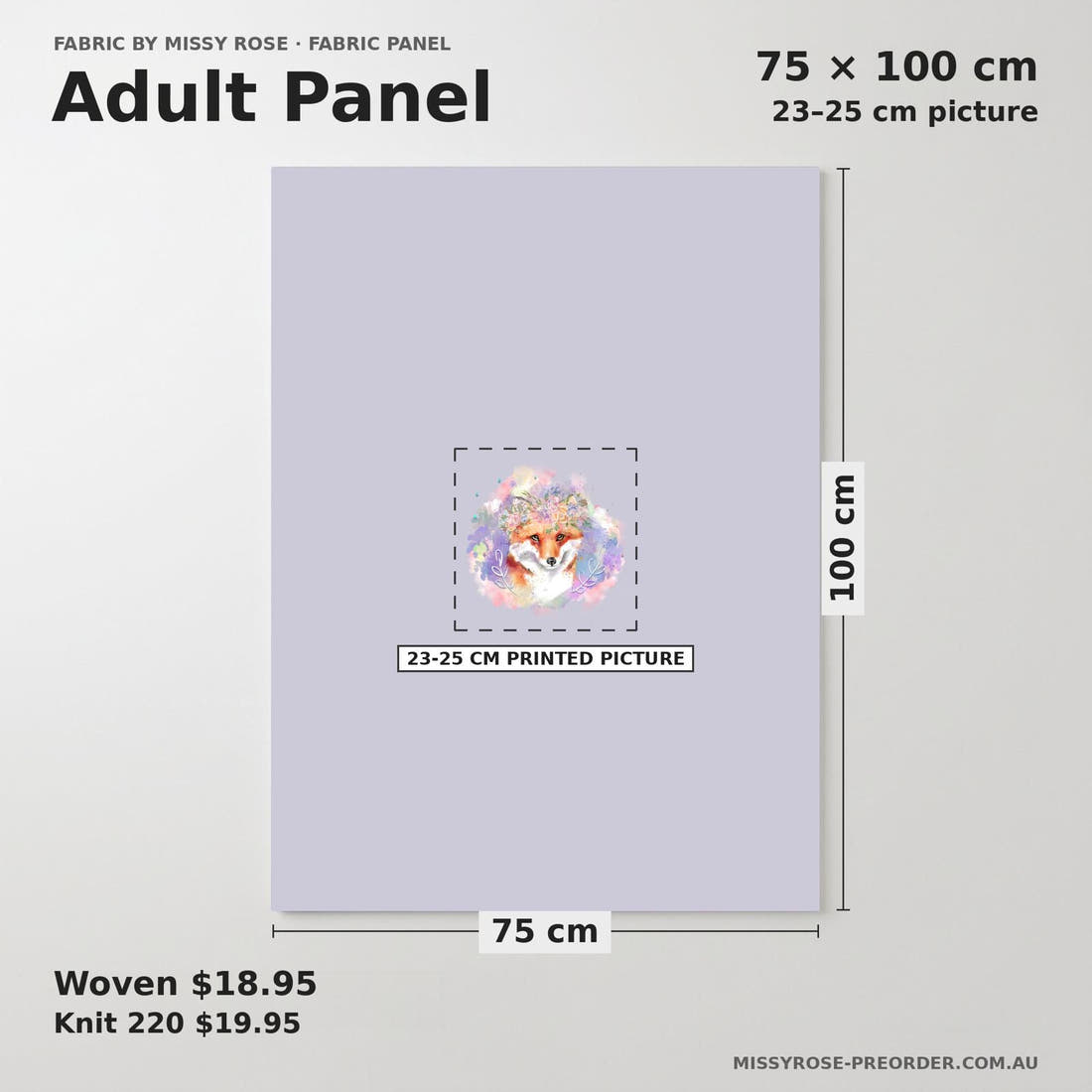 Design 681 Purple Fox Panel adult panel sizing – 23–25 cm printed picture on 75 × 100 cm fabric | Fabric by Missy Rose