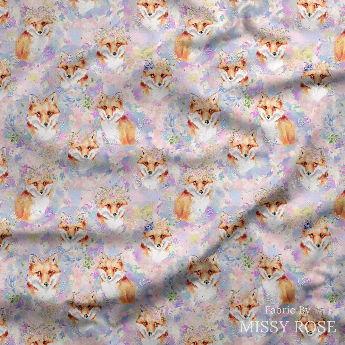 Design 681 Purple Fox Fabric draped fabric mockup – custom printed fabric by the metre | Fabric by Missy Rose