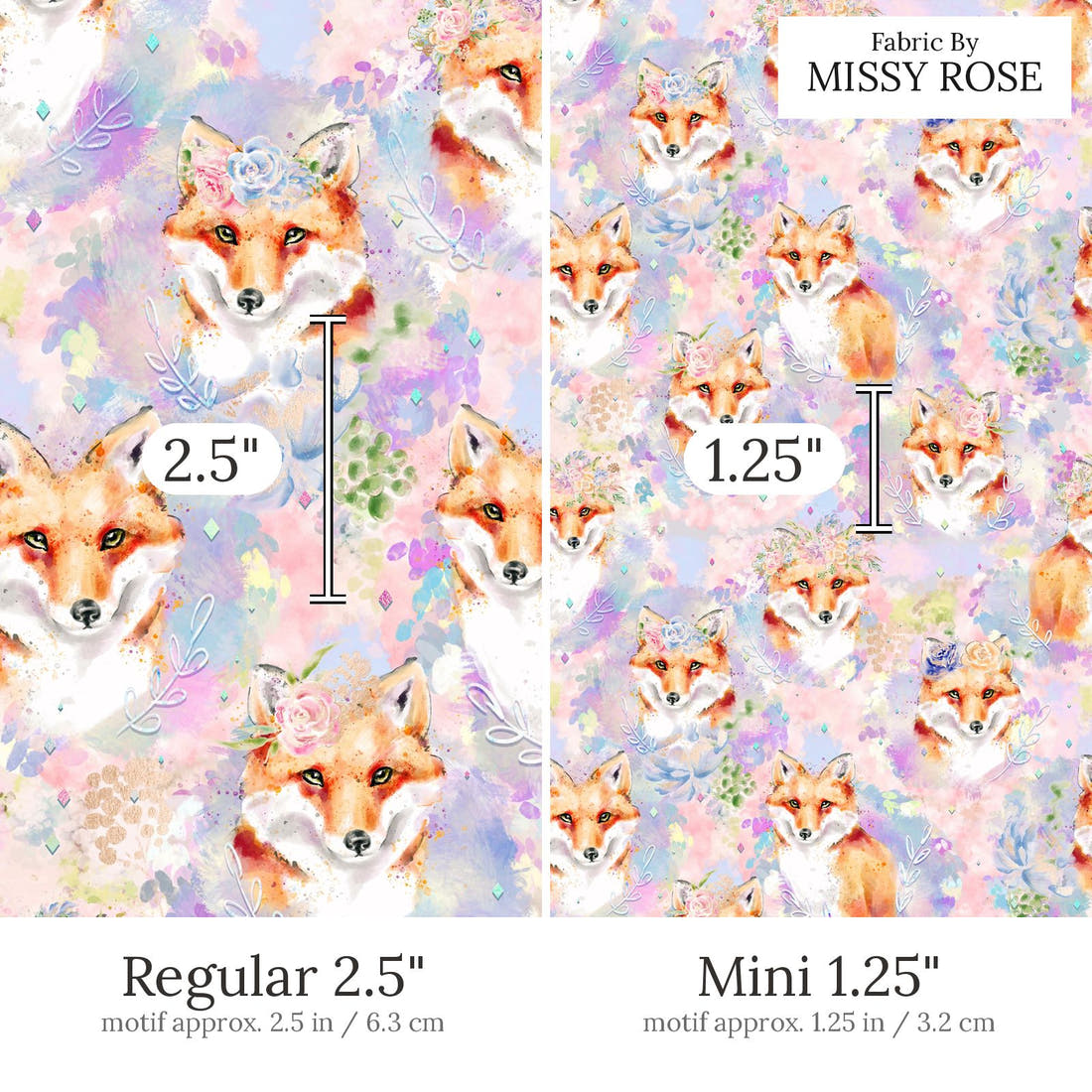 Design 681 Purple Fox Fabric Regular 2.5 inch vs Mini 1.25 inch print scale side by side | Fabric by Missy Rose