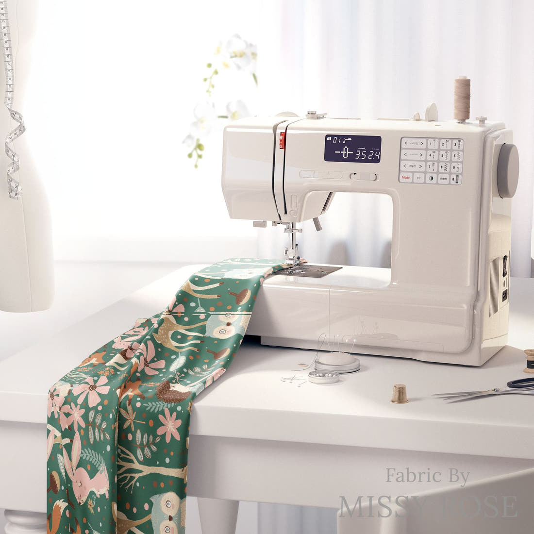 Design 682 Woodland Fabric on a sewing machine – premium fabric for sewing projects | Fabric by Missy Rose