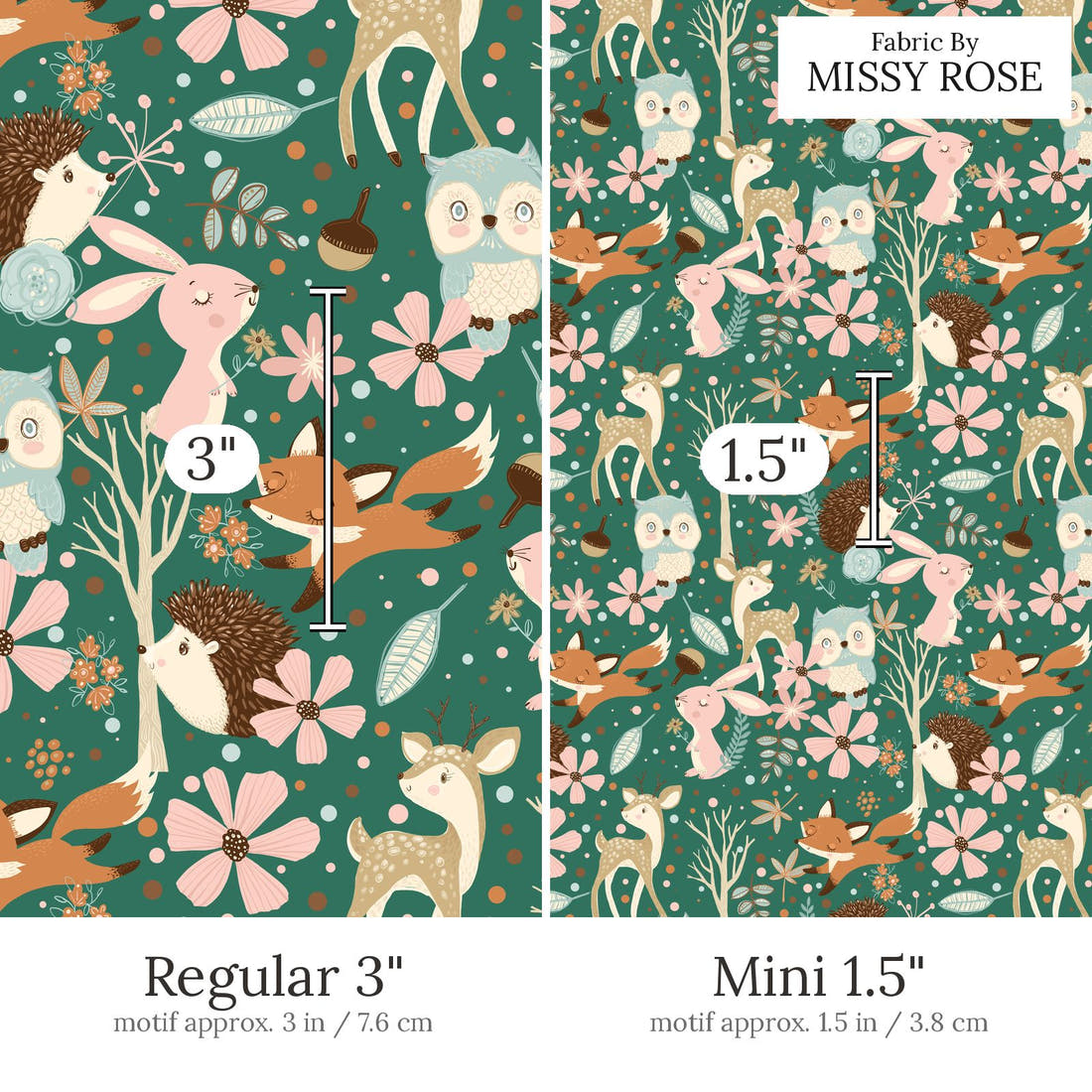 Design 682 Woodland Fabric Regular 3 inch vs Mini 1.5 inch print scale side by side | Fabric by Missy Rose