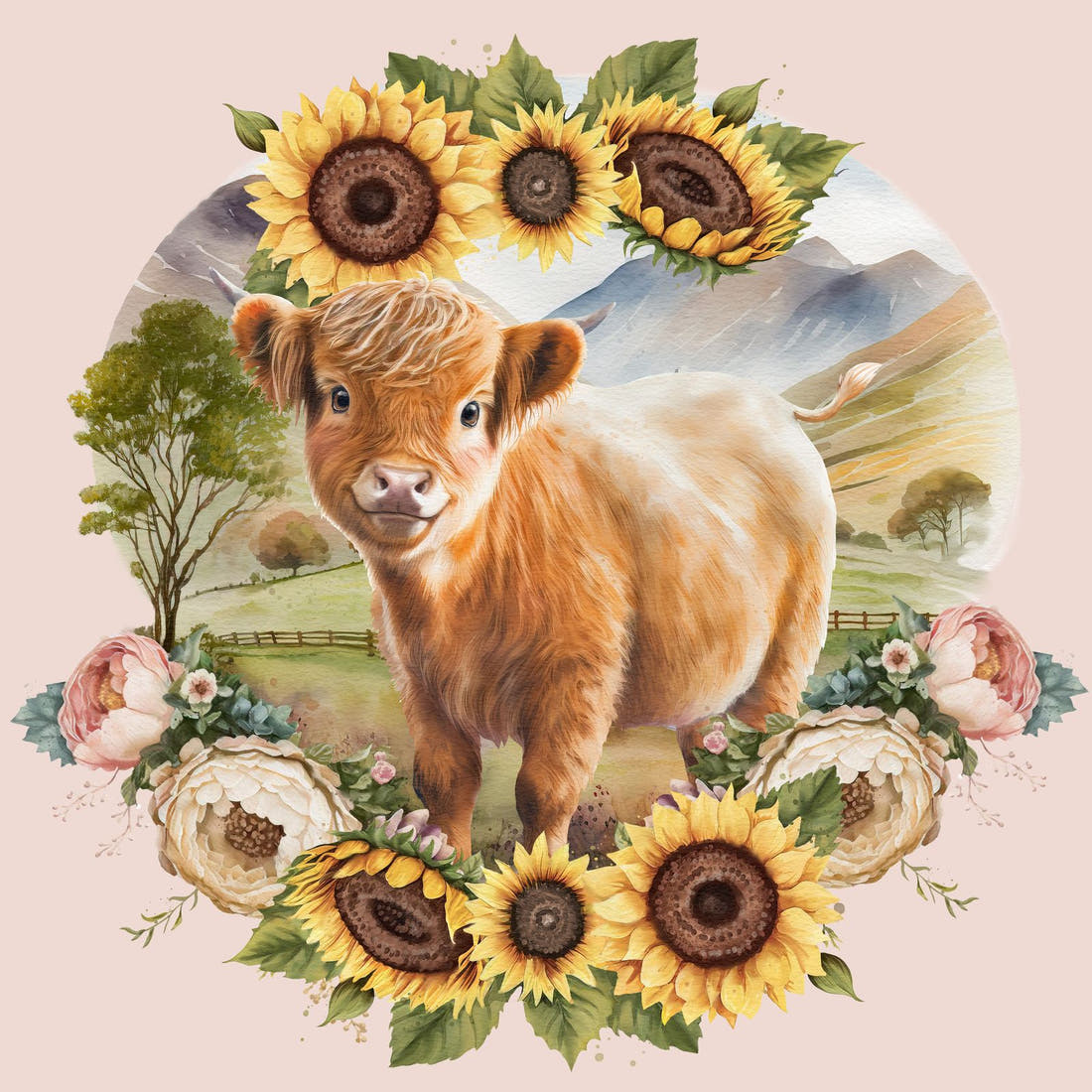 Design 684 Sunflower Highland Cow Panel – full artwork close-up of the printed picture | Fabric by Missy Rose