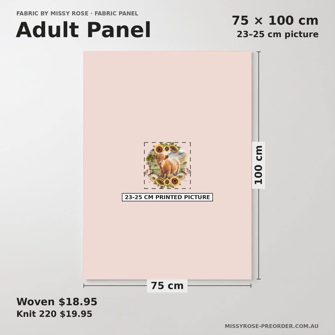 Design 684 Sunflower Highland Cow Panel adult panel sizing – 23–25 cm printed picture on 75 × 100 cm fabric | Fabric by Missy Rose