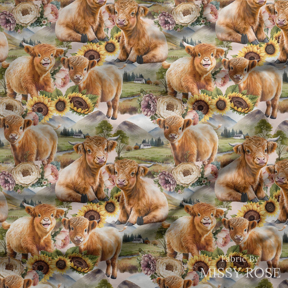 Design 684 Sunflower Highland Cow Fabric draped fabric mockup – custom printed fabric by the metre | Fabric by Missy Rose
