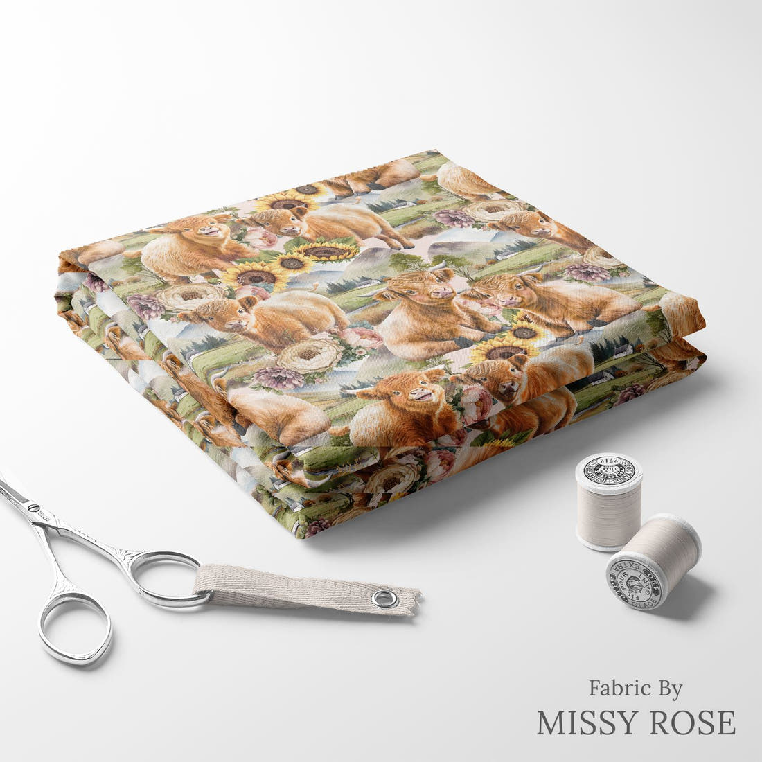 Design 684 Sunflower Highland Cow Fabric folded fabric stack with matching thread – pre-order fabric Australia | Fabric by Missy Rose
