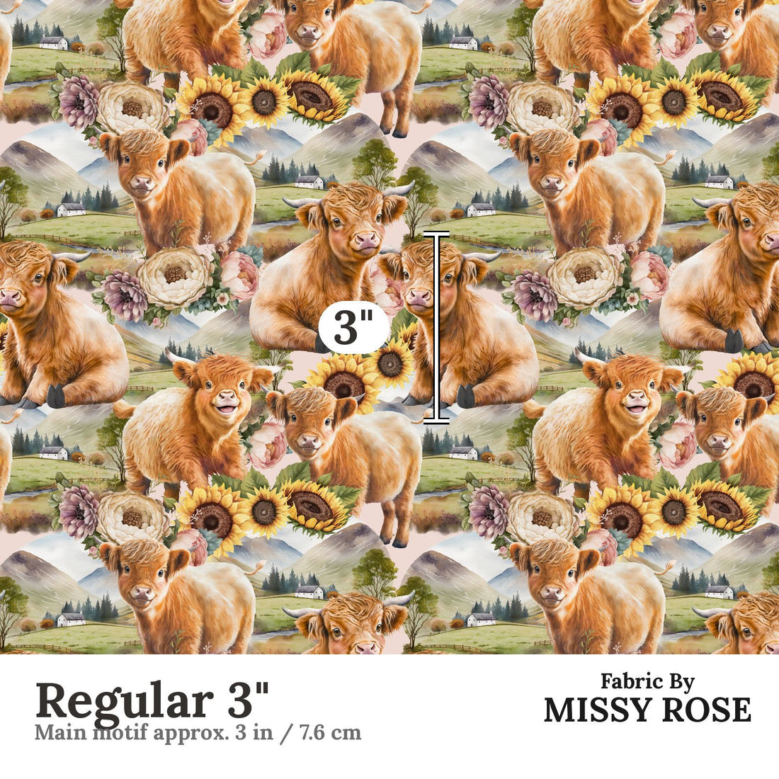 Design 684 Sunflower Highland Cow Fabric Regular 3" - print scale | Fabric by Missy Rose