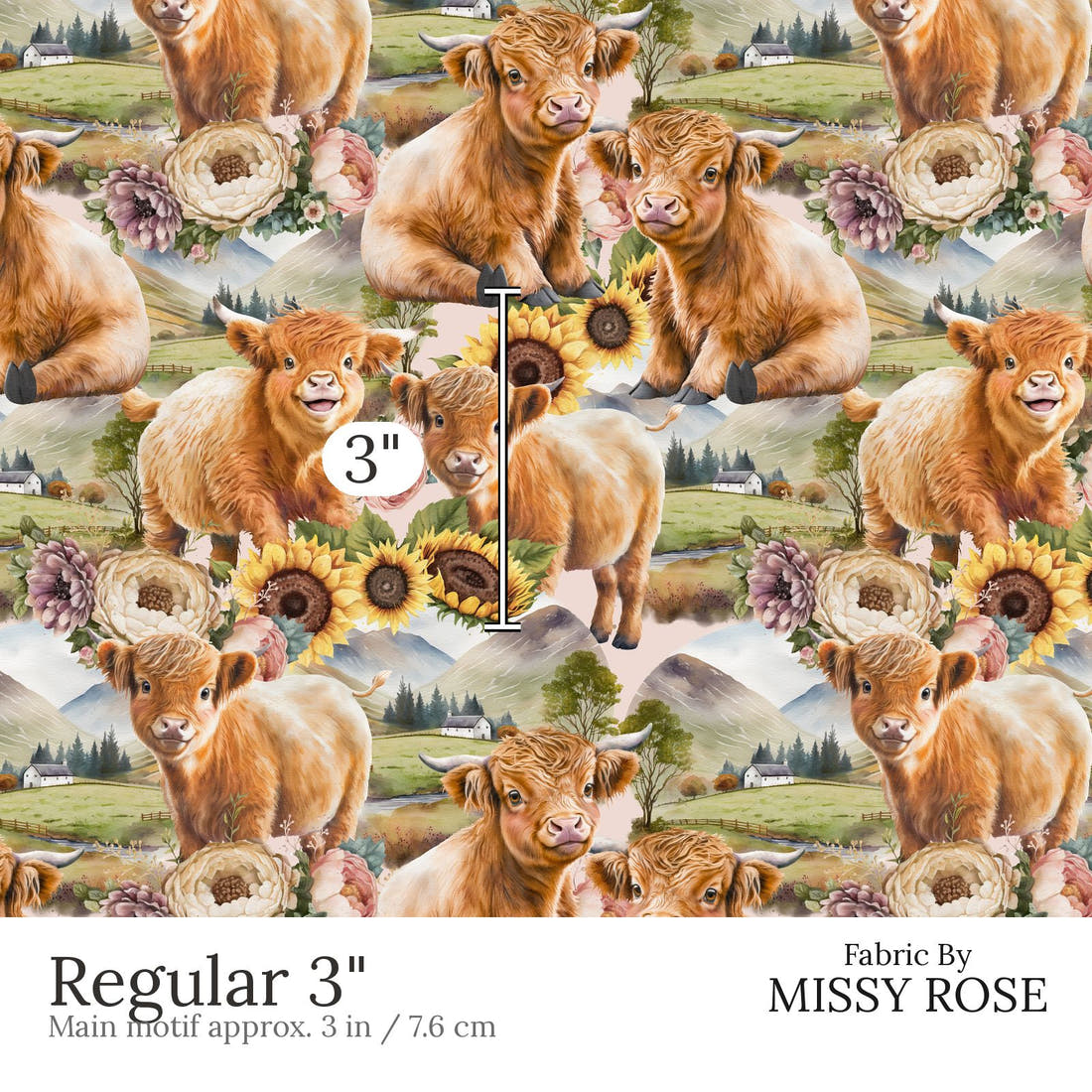Design 684 Sunflower Highland Cow Fabric Regular 3 inch print scale guide | Fabric by Missy Rose