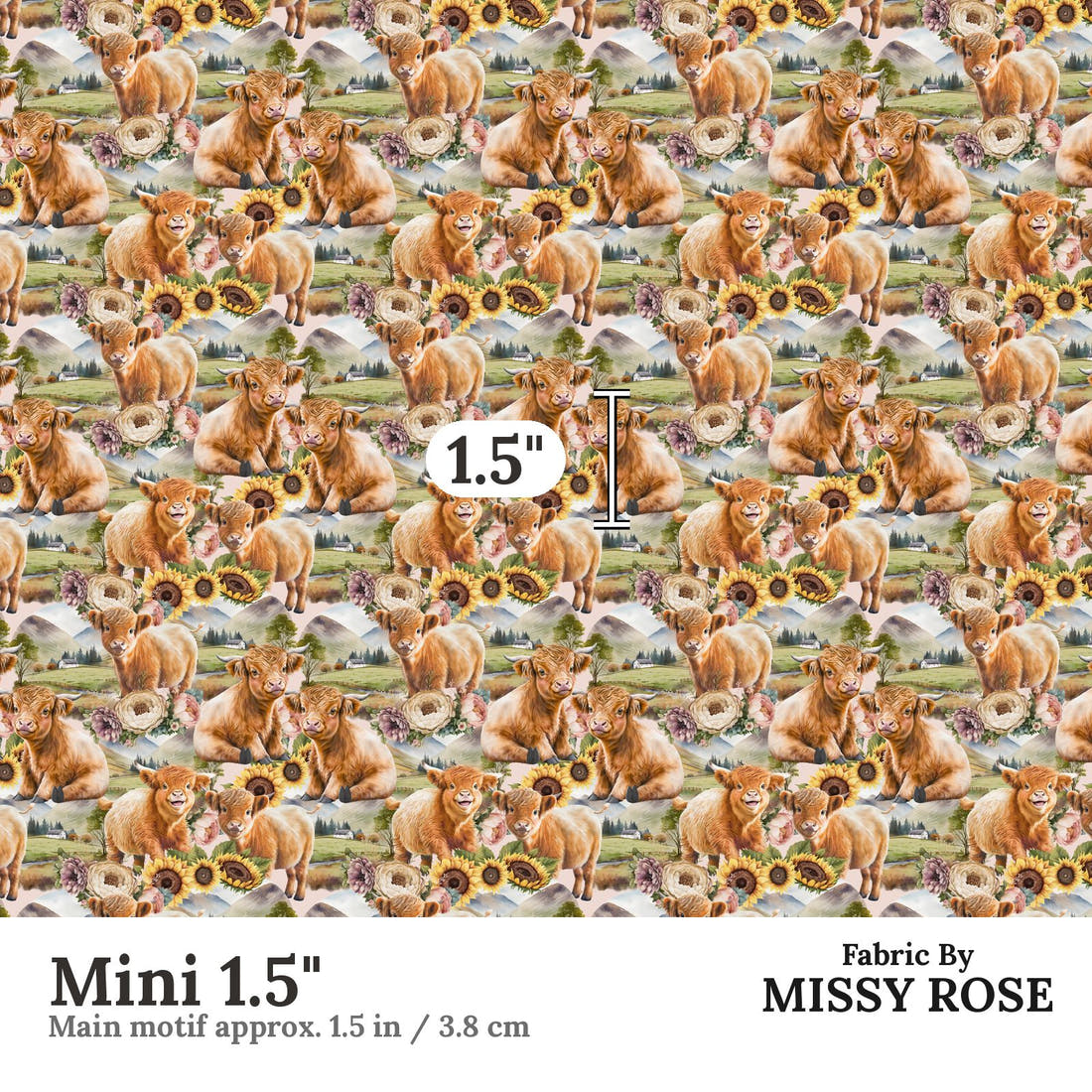 Design 684 Sunflower Highland Cow Fabric Mini 1.5" - print scale | Fabric by Missy Rose