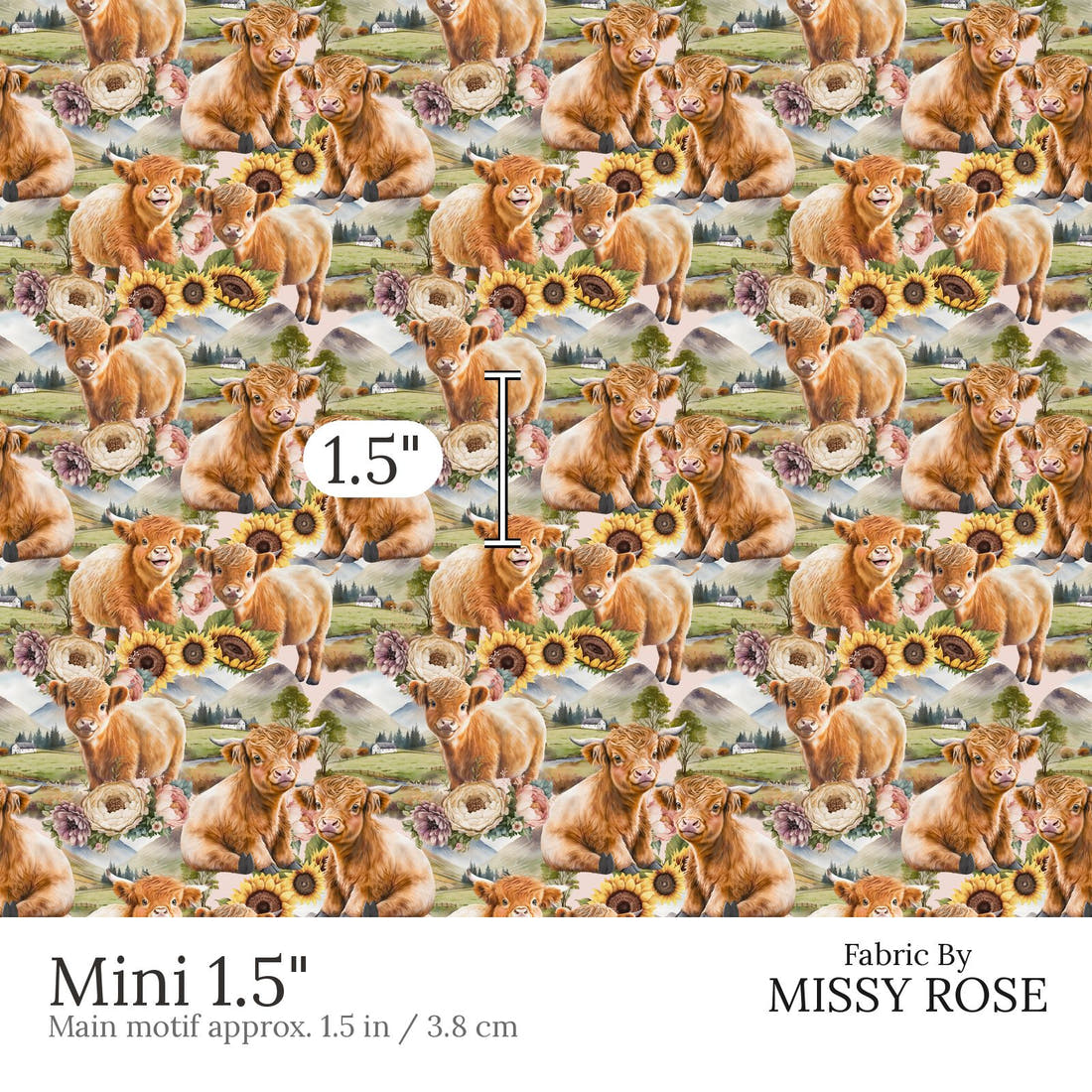 Design 684 Sunflower Highland Cow Fabric Mini 1.5 inch print scale guide | Fabric by Missy Rose