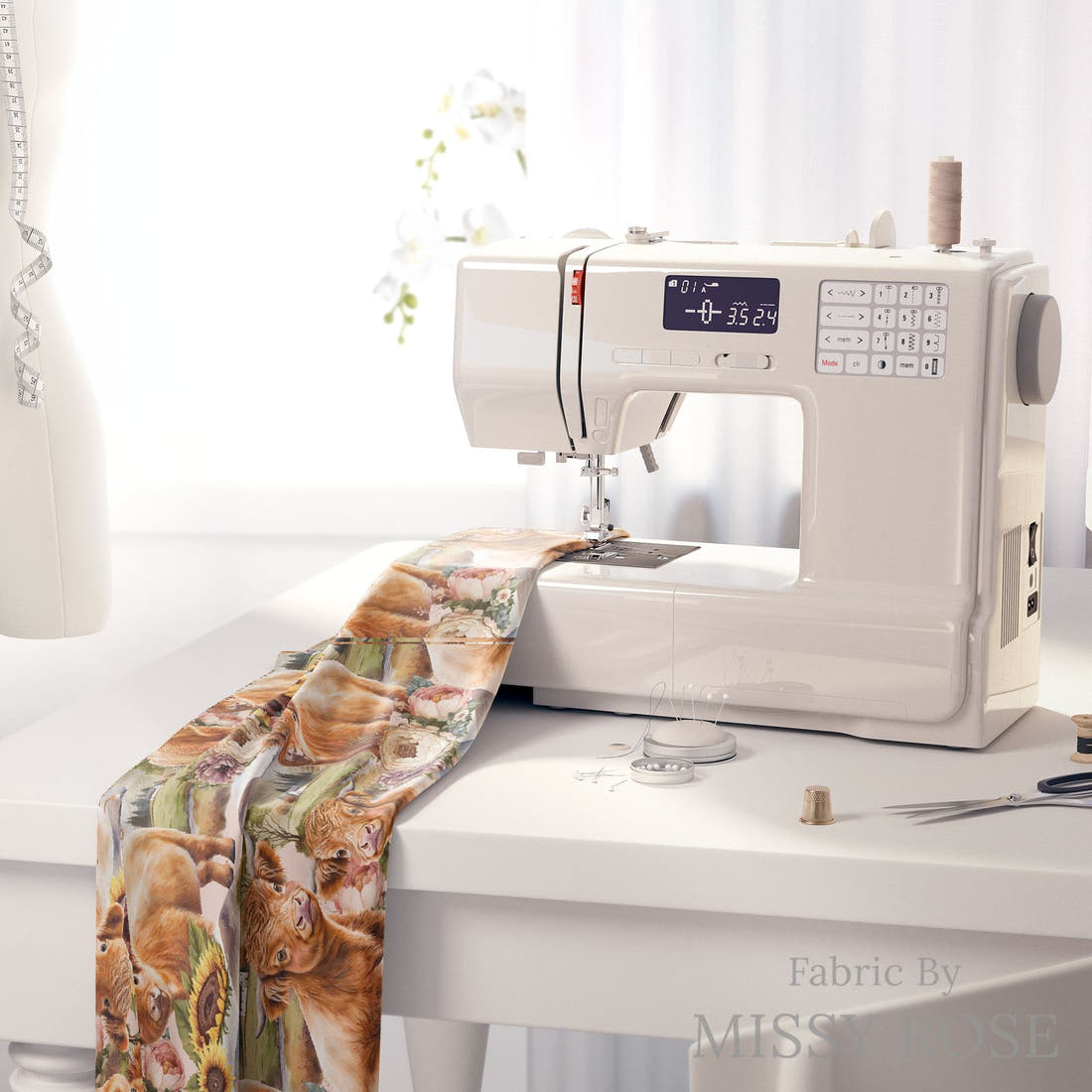 Design 684 Sunflower Highland Cow Fabric on a sewing machine – premium fabric for sewing projects | Fabric by Missy Rose