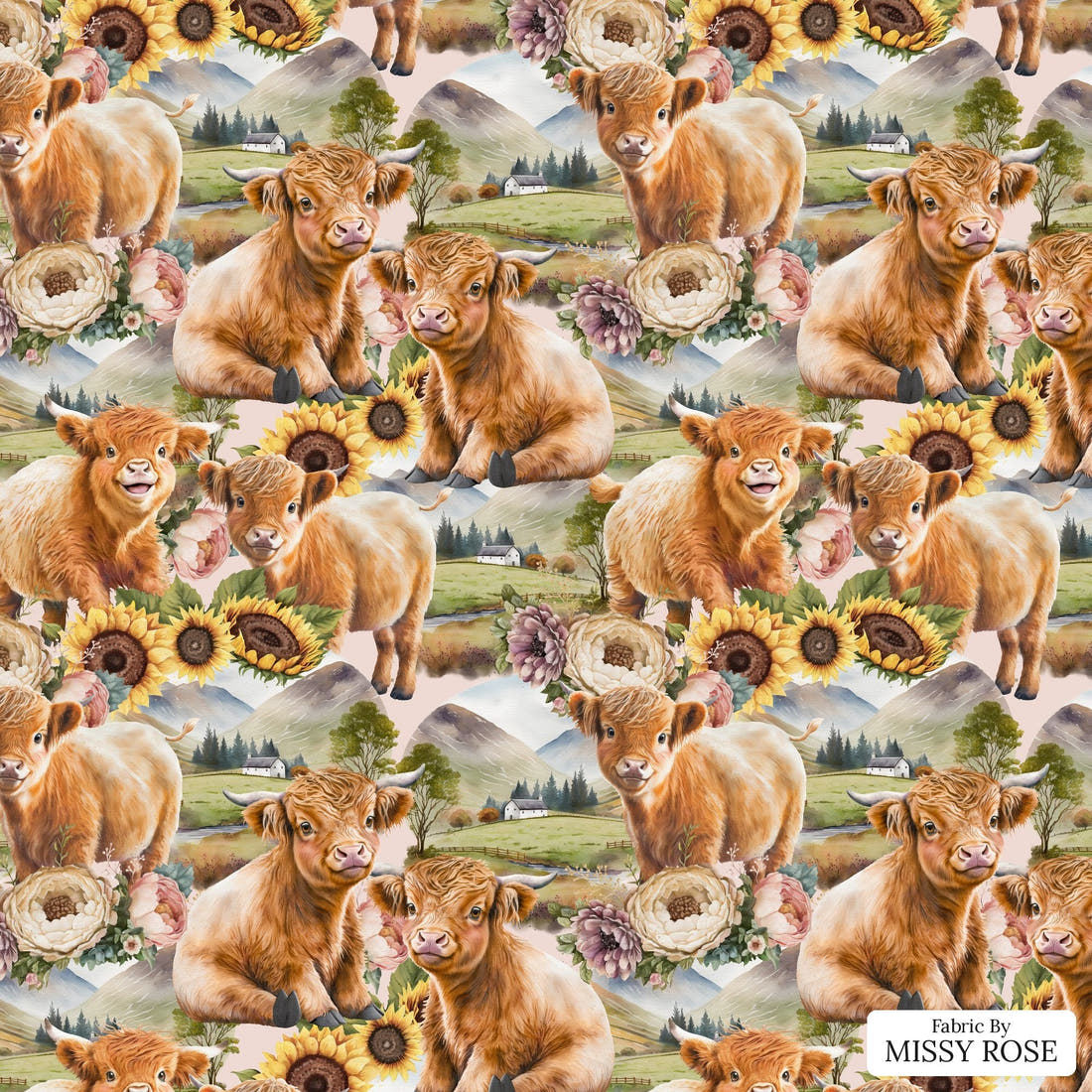 Design 684 Sunflower Highland Cow Fabric - flat view of the print, zoom in for detail | Fabric by Missy Rose