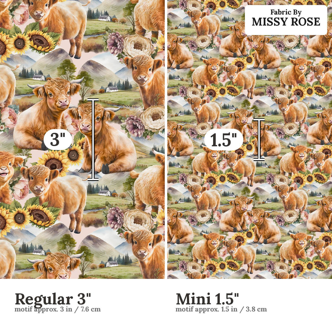 Design 684 Sunflower Highland Cow Fabric size comparison - print scale | Fabric by Missy Rose
