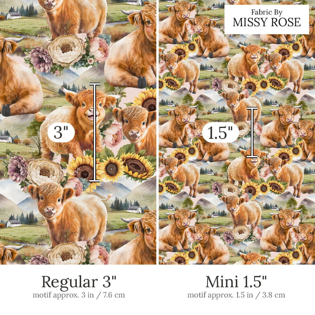 Design 684 Sunflower Highland Cow Fabric Regular 3 inch vs Mini 1.5 inch print scale side by side | Fabric by Missy Rose