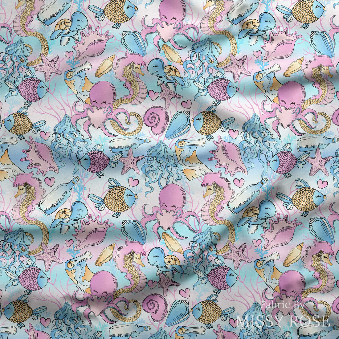 Design 685 Under Sea Fabric draped fabric mockup – custom printed fabric by the metre | Fabric by Missy Rose