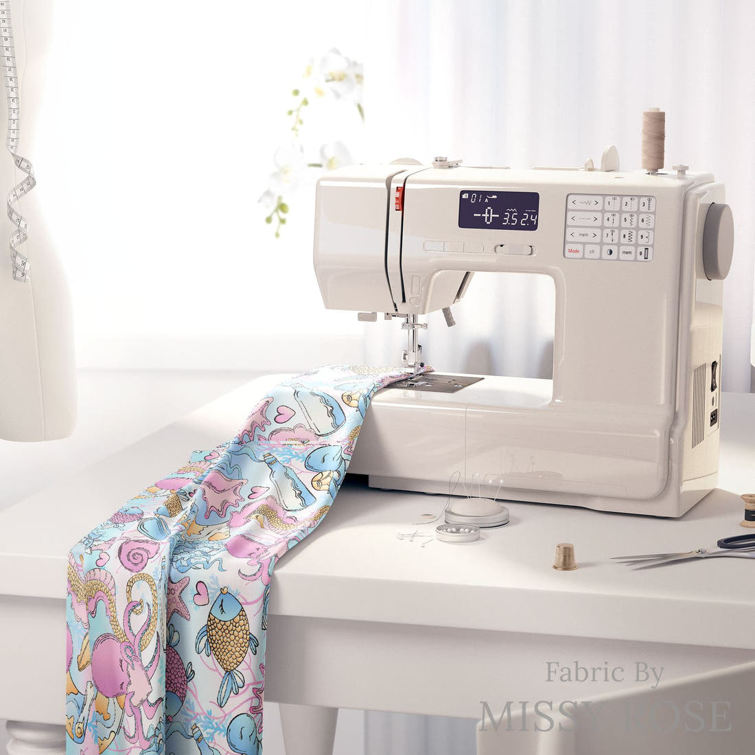 Design 685 Under Sea Fabric on a sewing machine – premium fabric for sewing projects | Fabric by Missy Rose