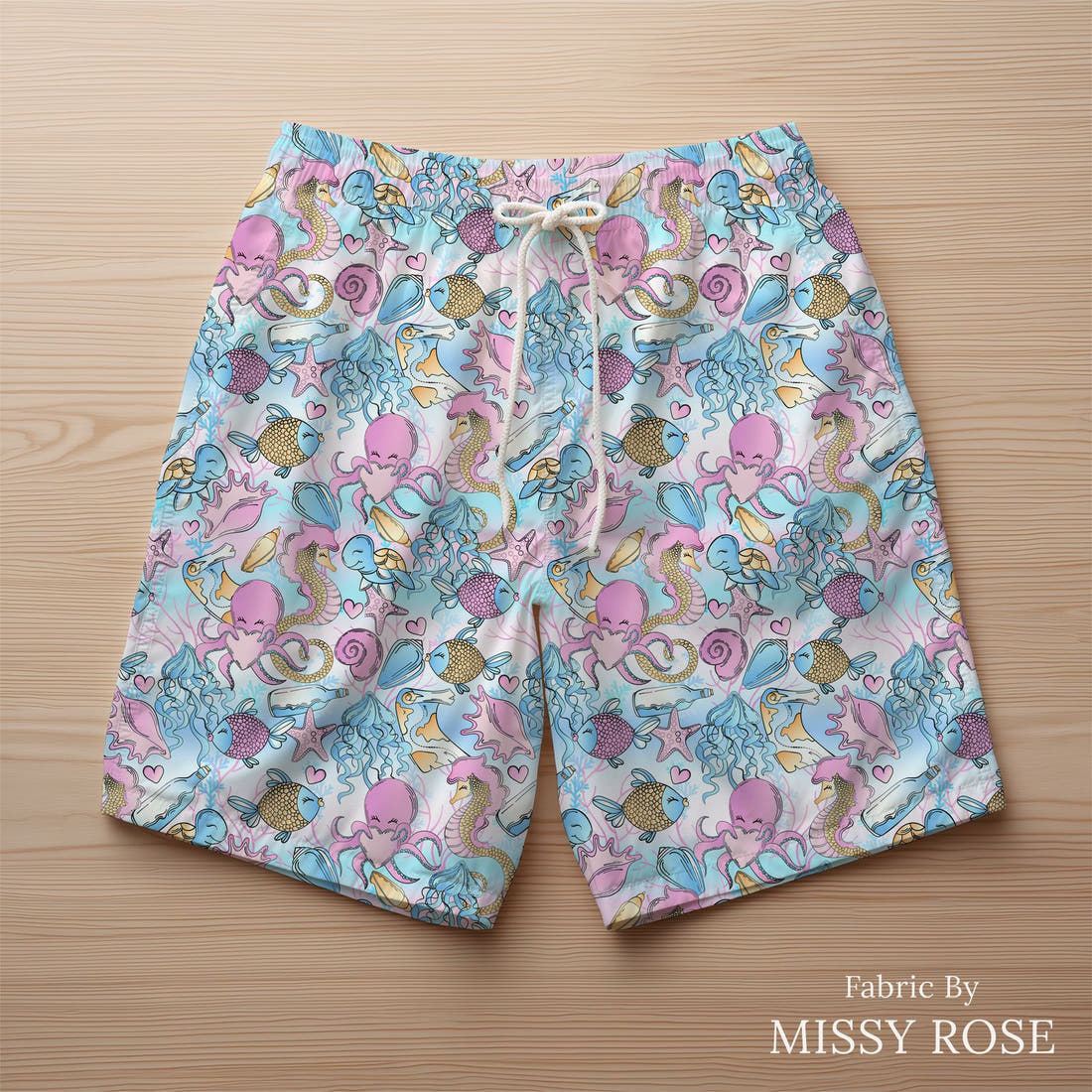 Design 685 Under Sea Fabric sewn into swim shorts – see how the print looks made up | Fabric by Missy Rose